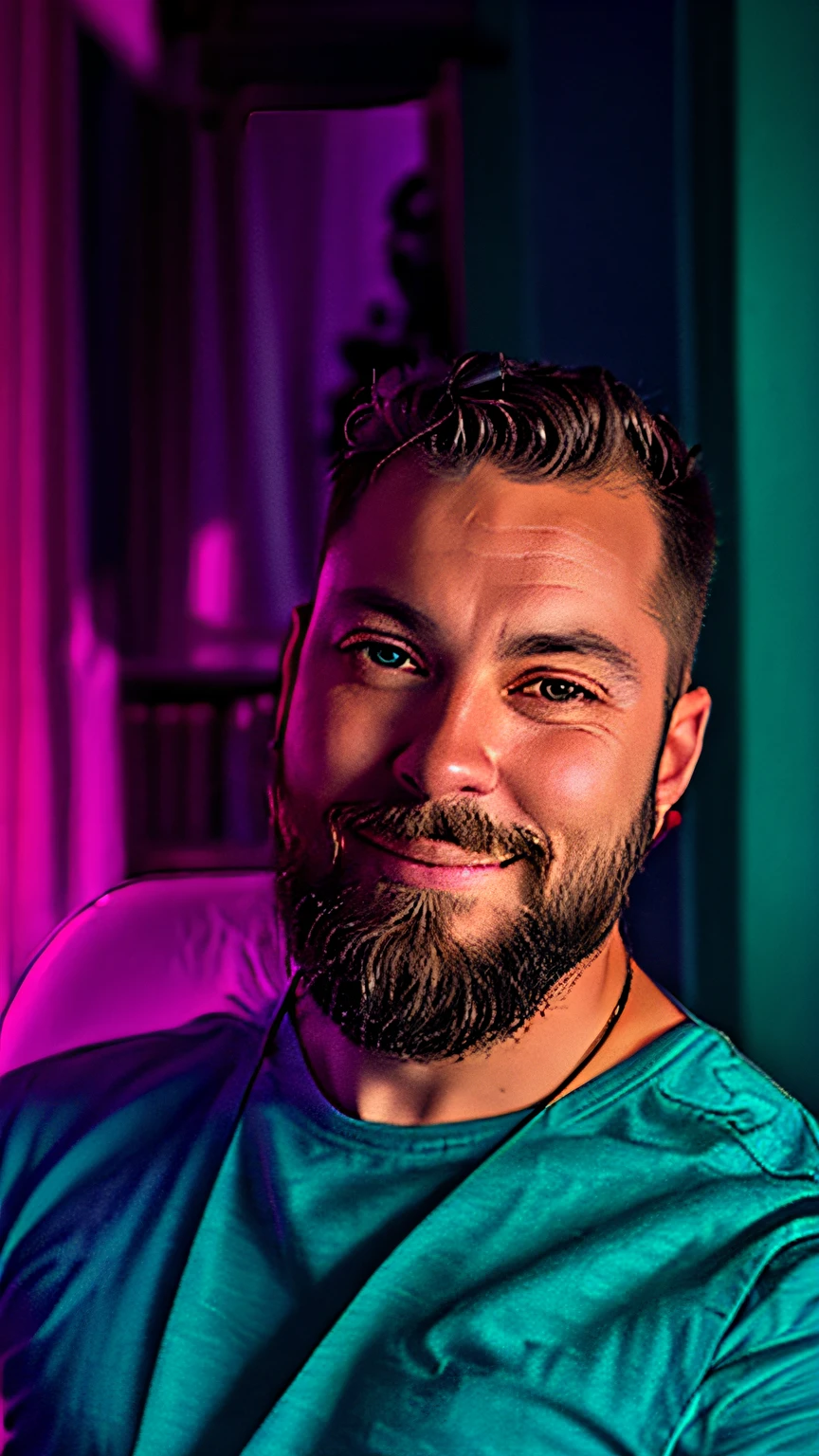 a man with beard and purple shirt, anime, 8k, RAW photo, best quality: 1.4), ultra high resolution,