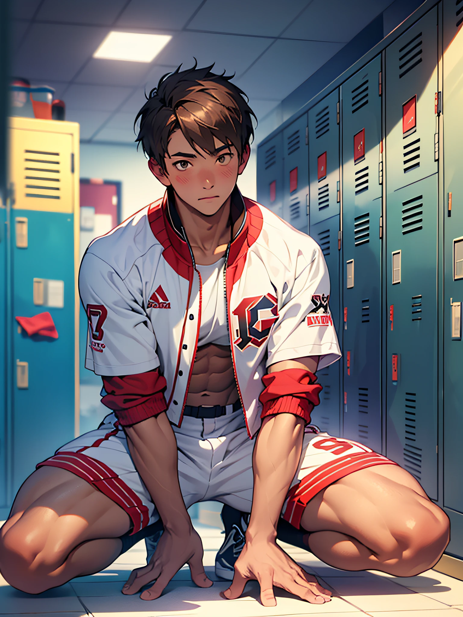 (masterpiece, best quality), 1man, muscular, short hair, brown eyes, complex, (locker room), full body, white baseball jersey, open red jacket, bright colors, (depth of field: 1.2), (abs), blush, looking at the audience, crouched on the floor with hands behind his back,