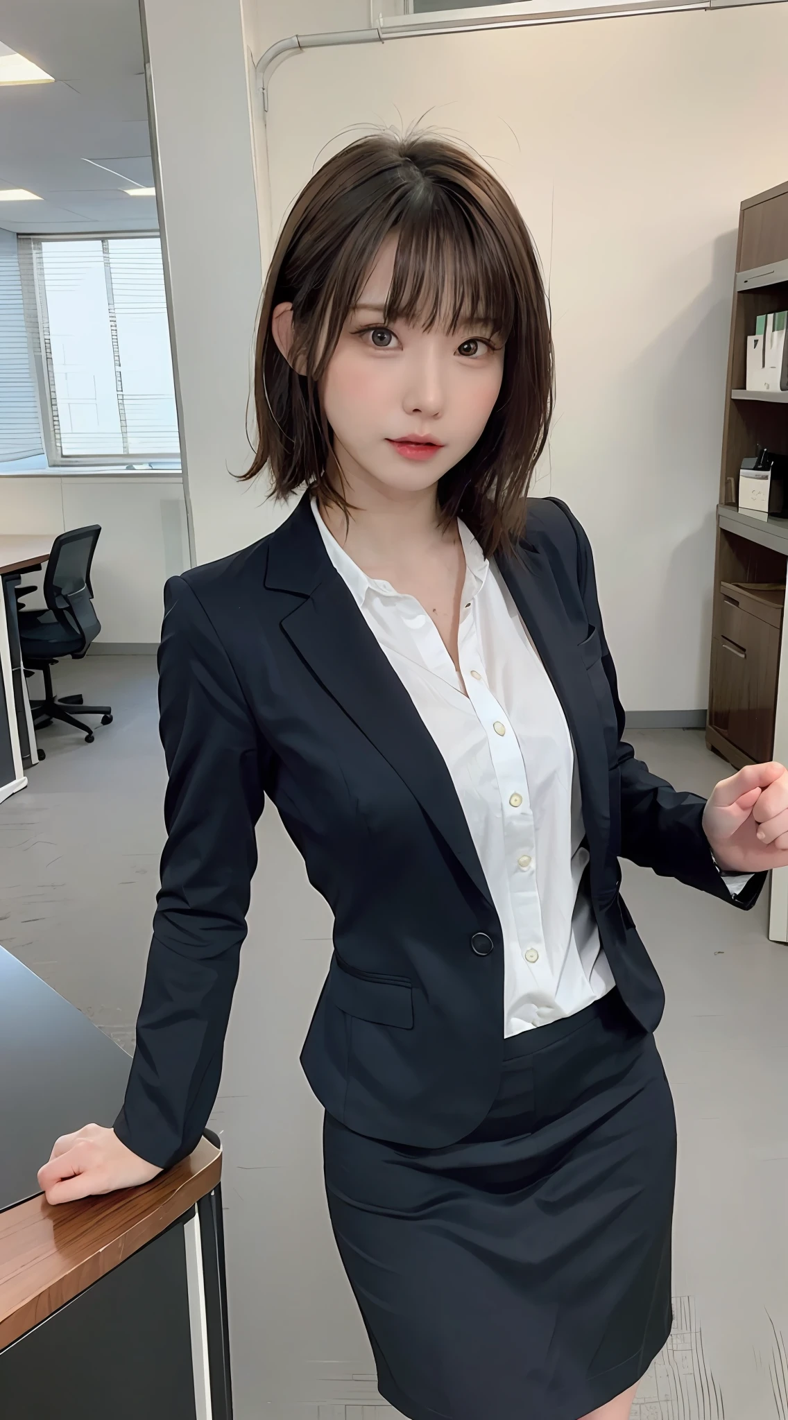Best Quality, Photorealistic, 8k, High Resolution, 1 girl, Female, (medium breasts: 1.8), Office, Grey suit, No panties, Skirt up, At work, Sitting in chair with legs wide open, Breasts visible through shirt,
