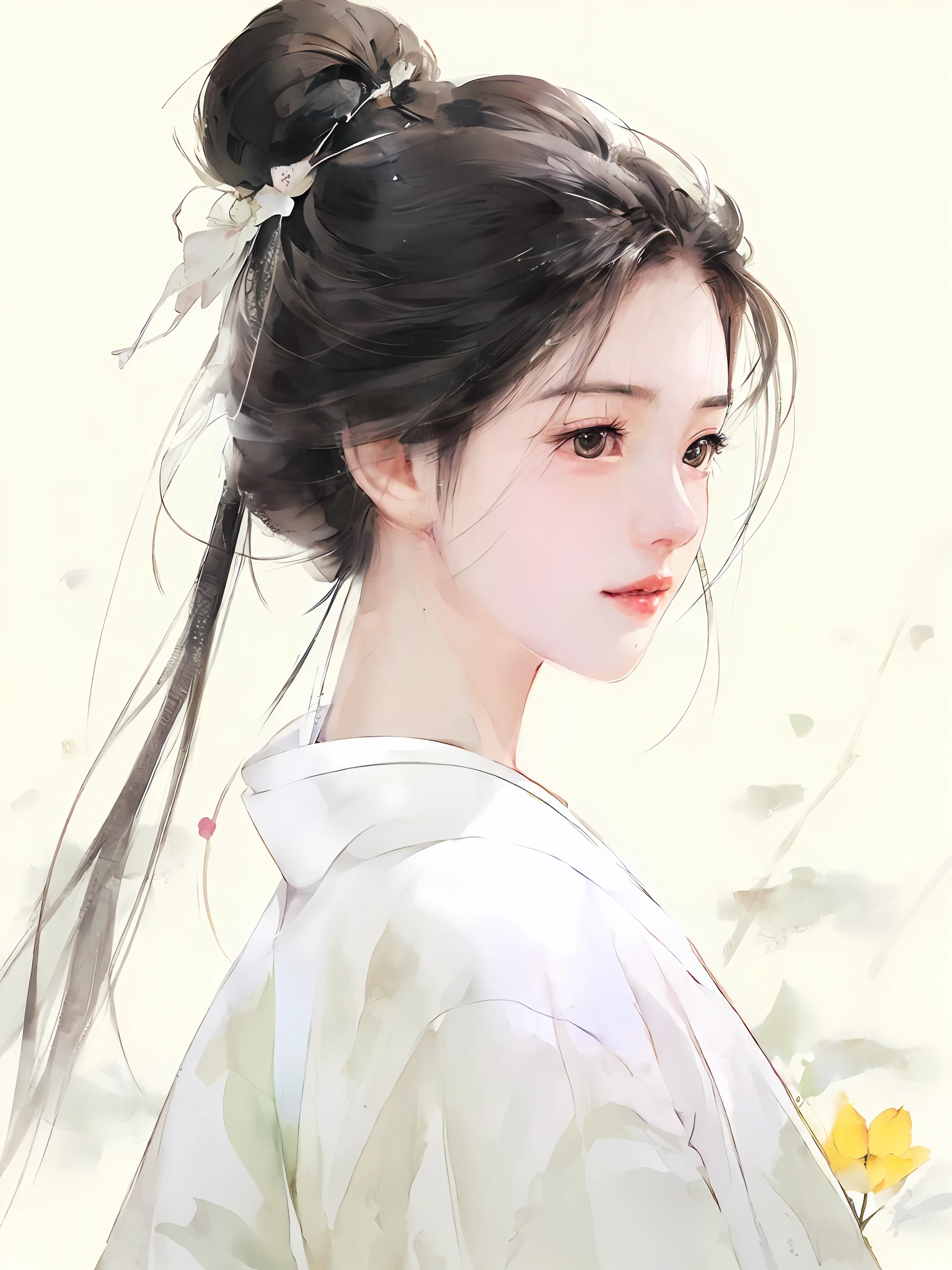 there is a woman with a flower in her hair and a white shirt, palace , a girl in hanfu, beautiful character painting, 中 元 节, a beautiful artwork illustration, artwork in the style of guweiz, by Yang J, inspired by Ma Yuanyu, guweiz, beautiful anime portrait, by Li Song, chinese girl