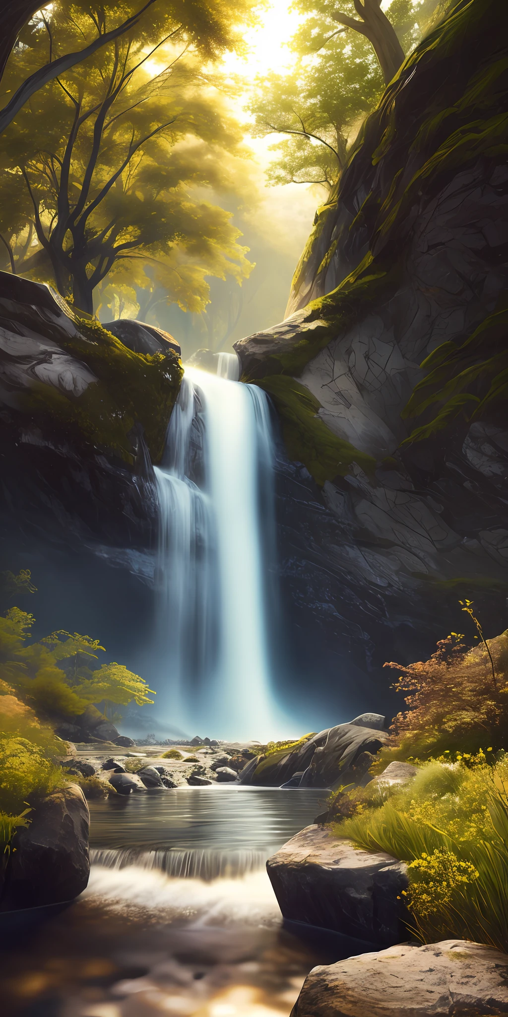 Masterpiece, best quality, high quality, extremely detailed CG wallpaper unit 8k, landscape, outdoor, sky, clouds, sky, humans, mountain, landscape, water, tree, blue sky, waterfall, cliff, nature, lake, river, cloudy sky, forest, path award-winning photography, bokeh, depth of field, HDR, flower, chromatic aberration, photorealism, very detailed, trend in artstation, trend in CGsociety, intricate, high detail, dramatic, halfway art