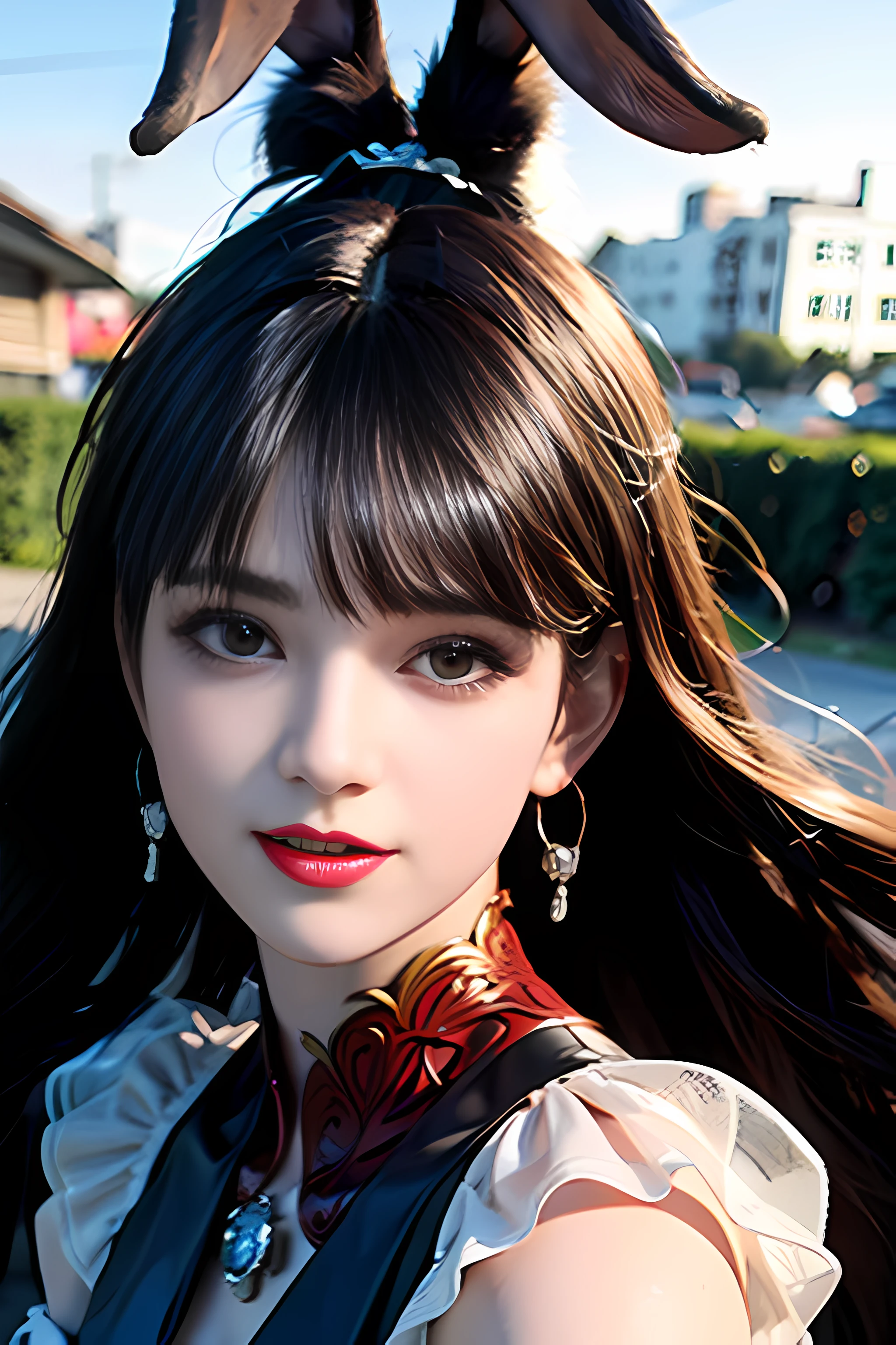 Best quality, super detailed, masterpiece, fine detail, high resolution, 8k wallpaper,
1 girl, animal ears, bangs, black eyes, black hair, red and white clothes, closed mouth, depth of field, earrings, jewelry, lips, long hair, looking at the audience, outdoors, rabbit ears, red lips, solo