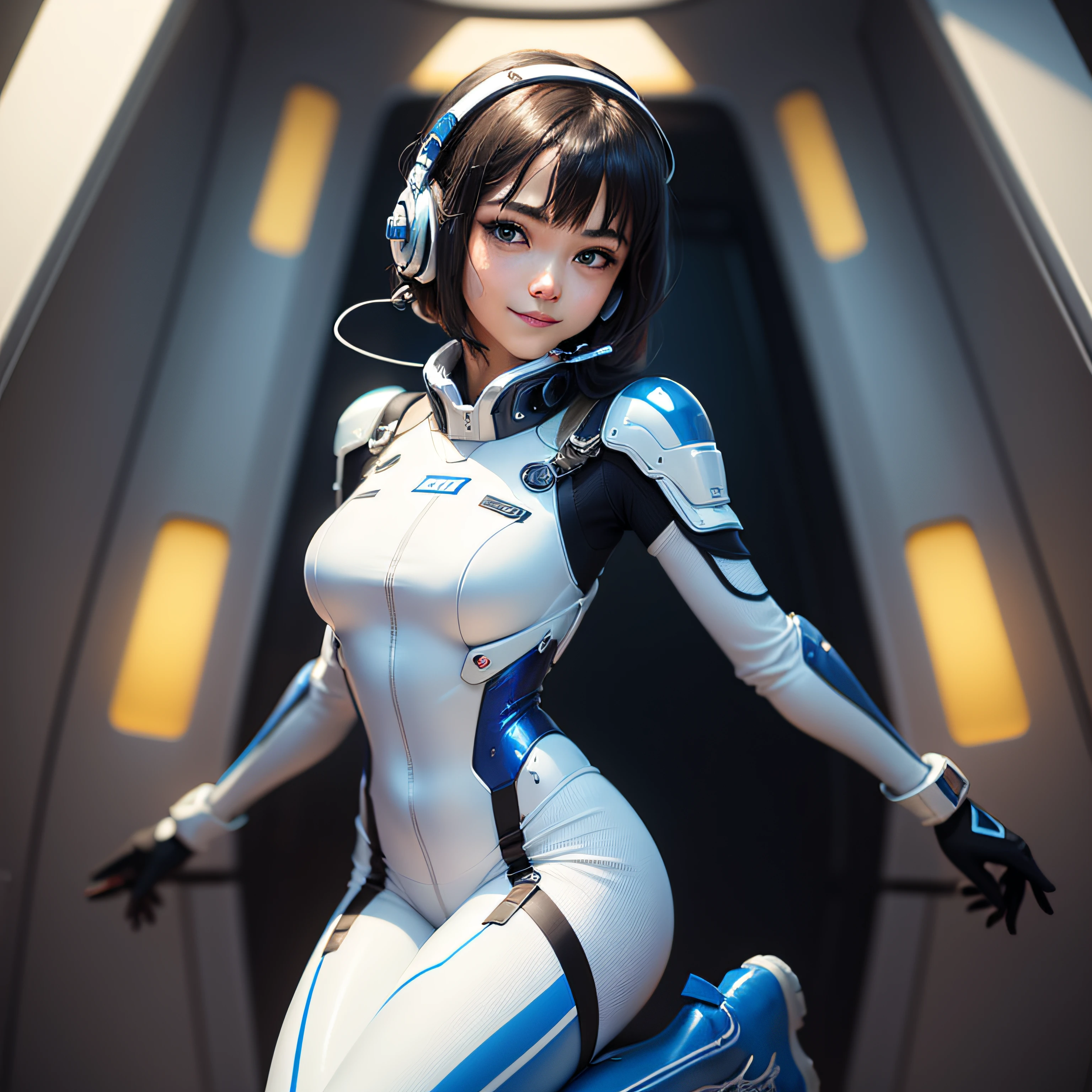 (masterpiece, highest quality, highest resolution, distinct_image, detailed details): (Solo, Girl Alone, Face Is Japan, Short Cut, Girl with Black Hair, Full Body Figure, (Perfect Body: 1.4), Glittering Blue Color Eyes, White and Blue Color Pilot Suit, Tight Fit Clothes, Full Body Covering Clothes, Very Delicate and Beautiful, Detailed Skins, Slim Body, Exoskeleton, Gentle smile, heroine, headset, boots), on board of the spaceship