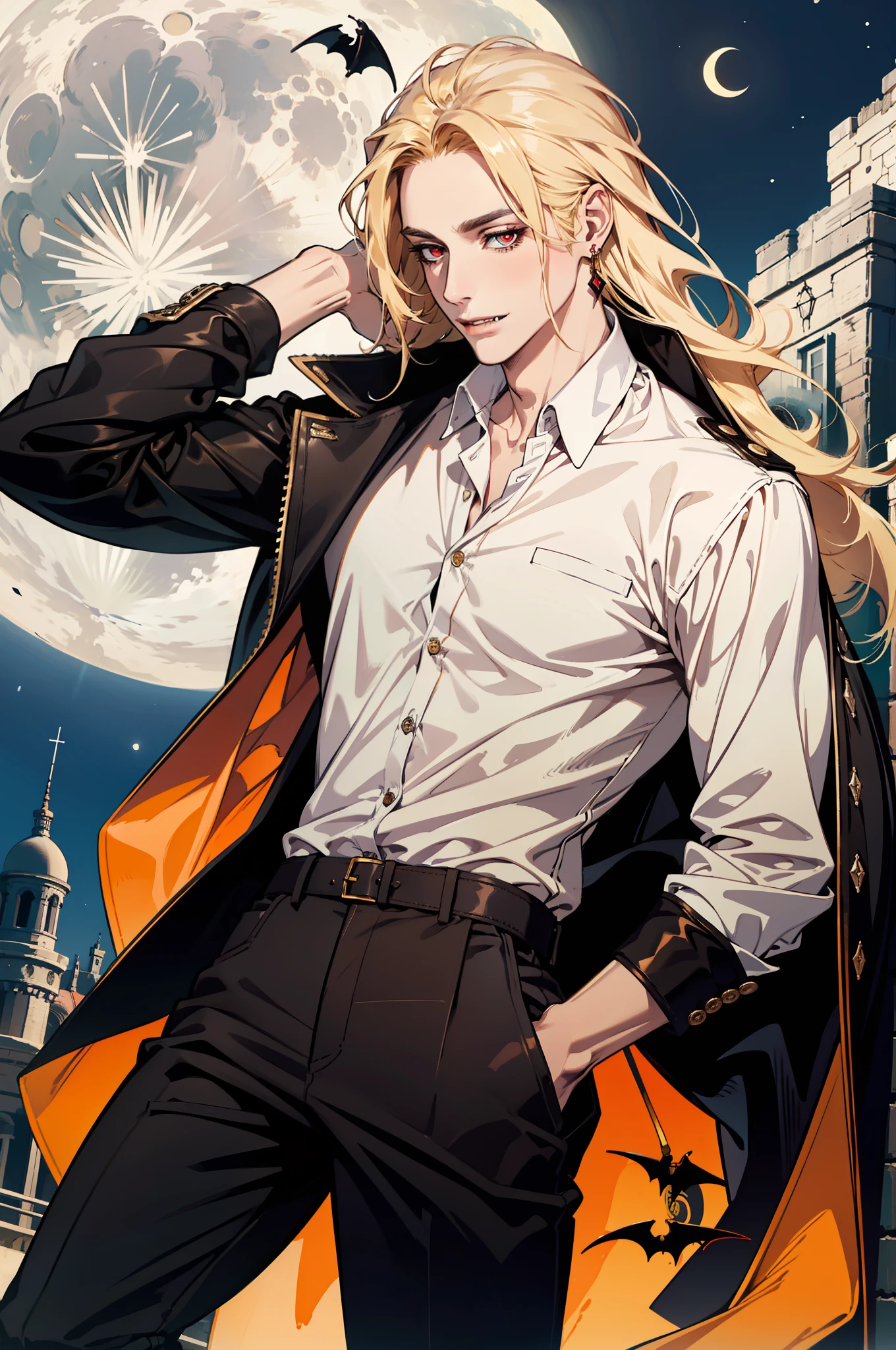 (absurdres, highres, ultra detailed), 1man, 30 years old man, adult man, handsome, tall,, finely detailed eyes and detailed face, brown leather pants, white shirt, night, smile, dutch angle, ((long hair, blonde hair)), moon, gold details, earrings, gothic, vampire, vampire prince, dark, simple clothes, looking at the view, pale skin, red detailed eyes, (masculine), sexy, elegant, long bangs, perfect red eyes