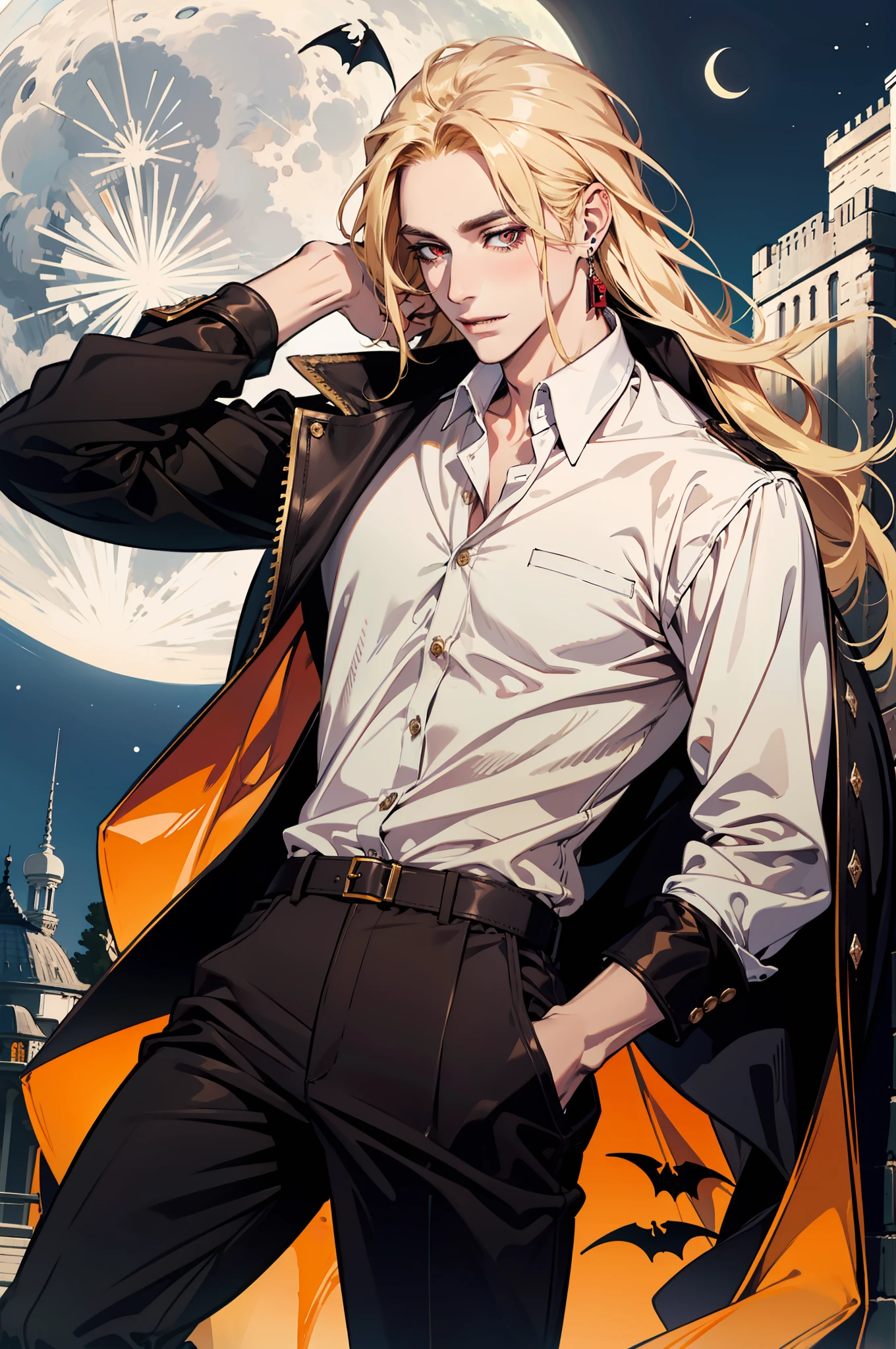 (absurdres, highres, ultra detailed), 1man, 30 years old man, adult man, handsome, tall,, finely detailed eyes and detailed face, brown leather pants, white shirt, night, smile, dutch angle, ((long hair, blonde hair)), moon, gold details, earrings, gothic, vampire, vampire prince, dark, simple clothes, looking at the view, pale skin, red detailed eyes, (masculine), sexy, elegant, long bangs, perfect red eyes