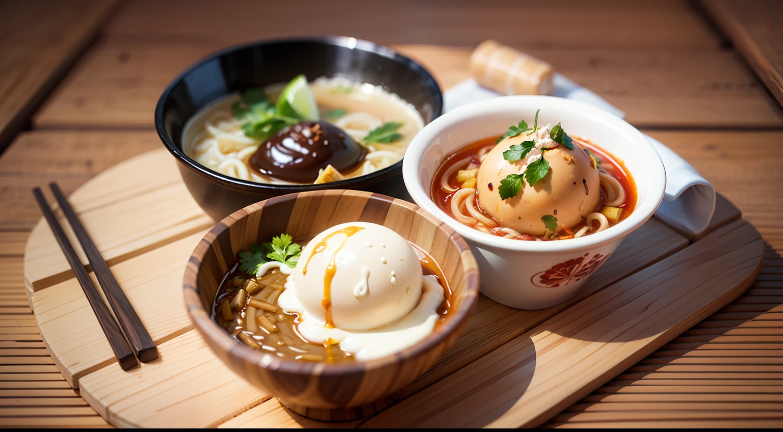 Food Sharer, Japanese Style, Wooden, Tempting Food, Dessert, Western Food, Japanese Ramen, Ice Cream, Food Photography, Realistic Texture, Luster, Shadow, Fresh, HD Image, 3D, --auto