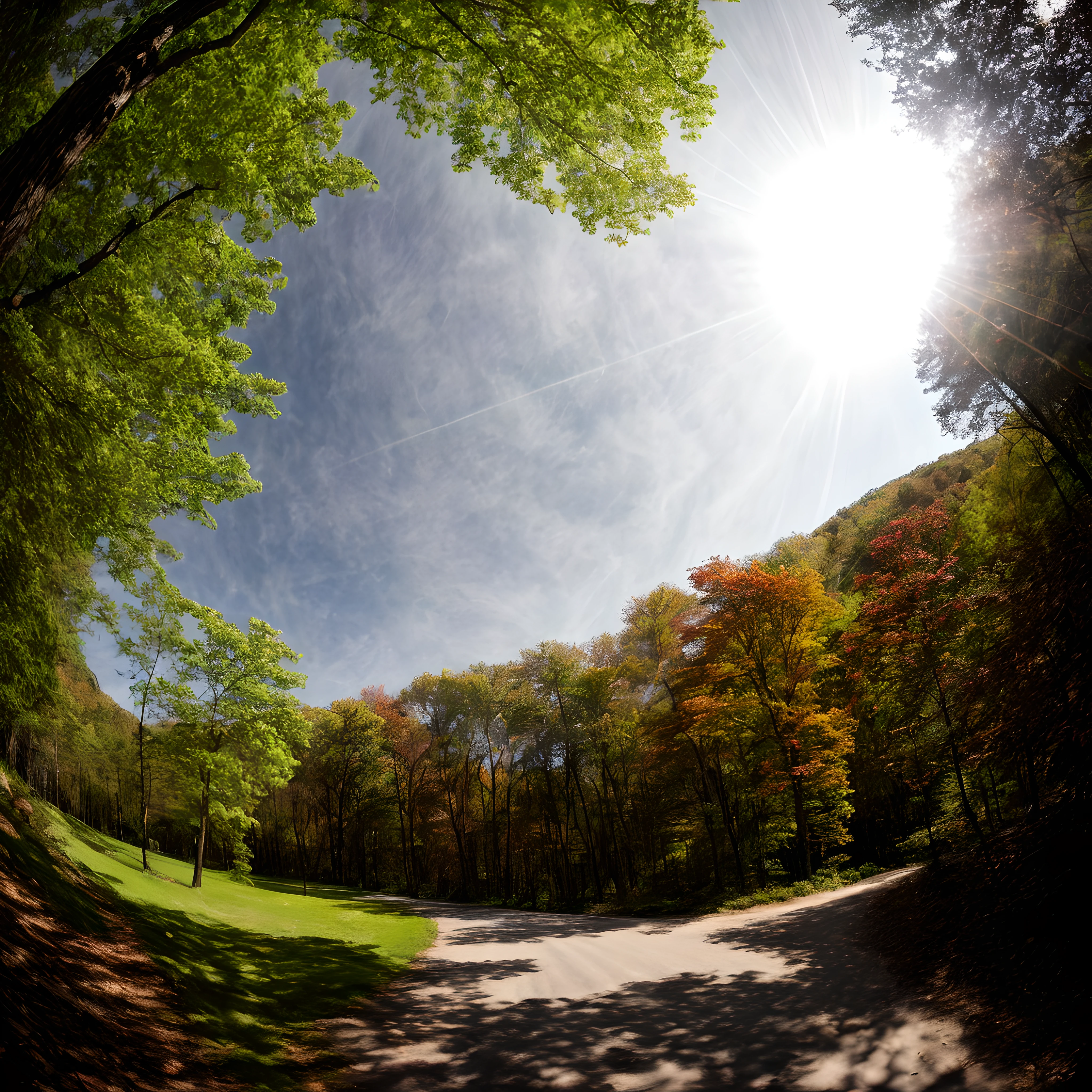 absurdres, highres, ultra detailed, (no human:1.3),
BREAK
, Create an image using a prism effect, with light refracting and creating a colorful, kaleidoscopic appearance.
BREAK
, Design an image with a fisheye lens effect, capturing a wide field of view with a distinctive, curved perspective.
BREAK
, Capture a forest path, with towering trees, dappled sunlight, and a sense of tranquility and natural beauty.
BREAK
, Illustrate a monochromatic world, using only shades of black, white, and gray to convey depth, emotion, and a striking visual impact.