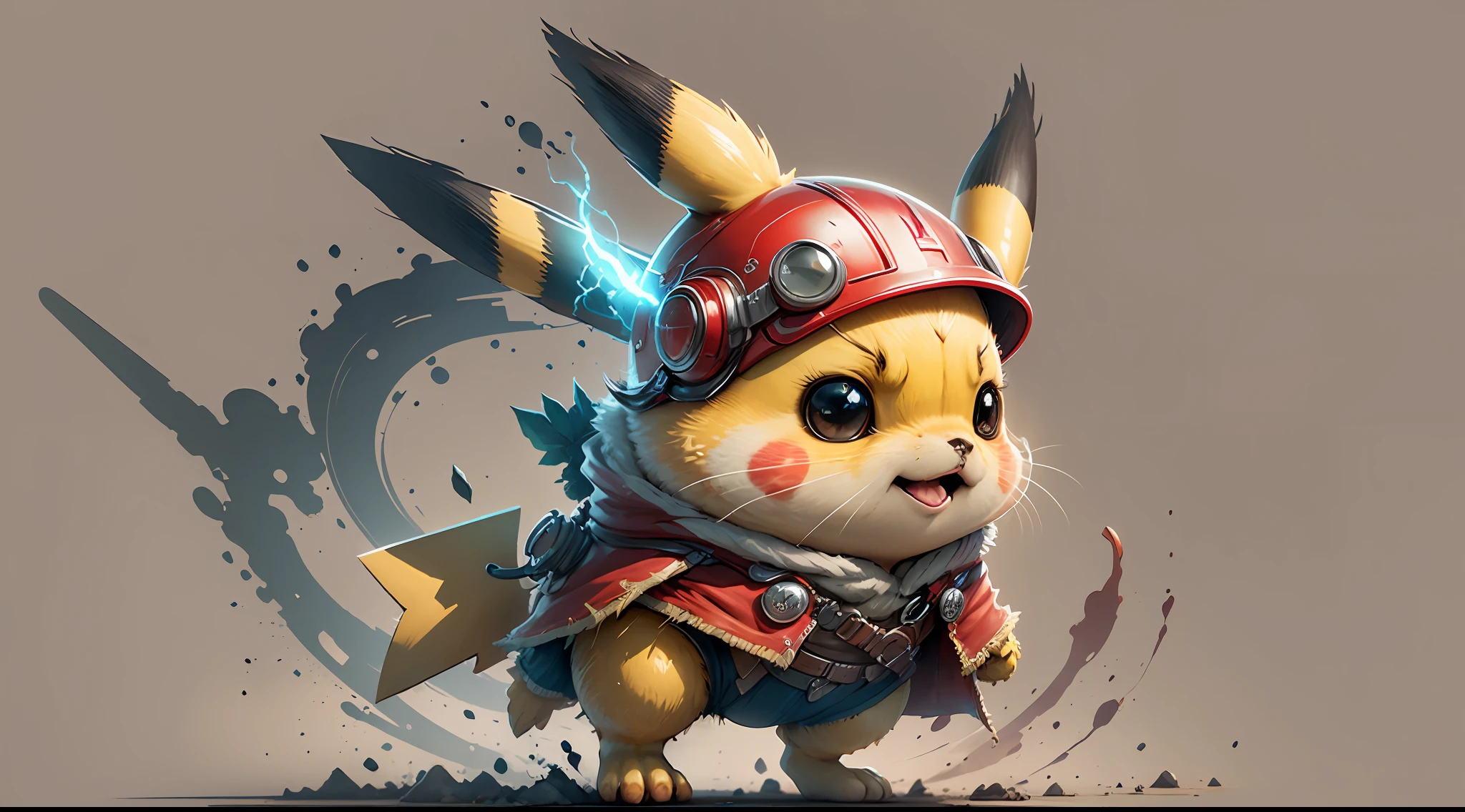 Start with a basic sketch of Pikachu, with a Thor hammer in one hand and wearing a red cape with gold accents. Add some Thor features such as a helmet with wings and boots with metal details to add a more authentic touch to the character. To give Pikachu a fluffy touch, overdo the dimensions of his head and ears and add rosy cheeks. Use vibrant, cheerful colors to bring your drawing to life, with shadows and highlights that create depth and texture. Add a simple background. To finish, add some clean and crisp lines that highlight the characteristics of the character and add a more "cartoon" touch to the drawing. The character standing in the right corner of the picture