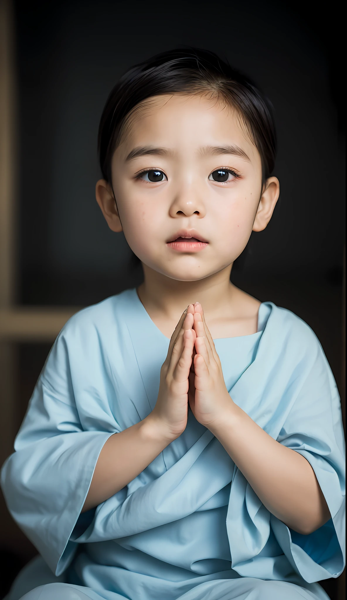 (Best quality, high resolution, masterpiece: 1.3), a handsome little boy, light blue monk's dress, no hair, beautifully presented details in the texture of the face and skin, detailed eyes, double eyelids, hands together, meditating