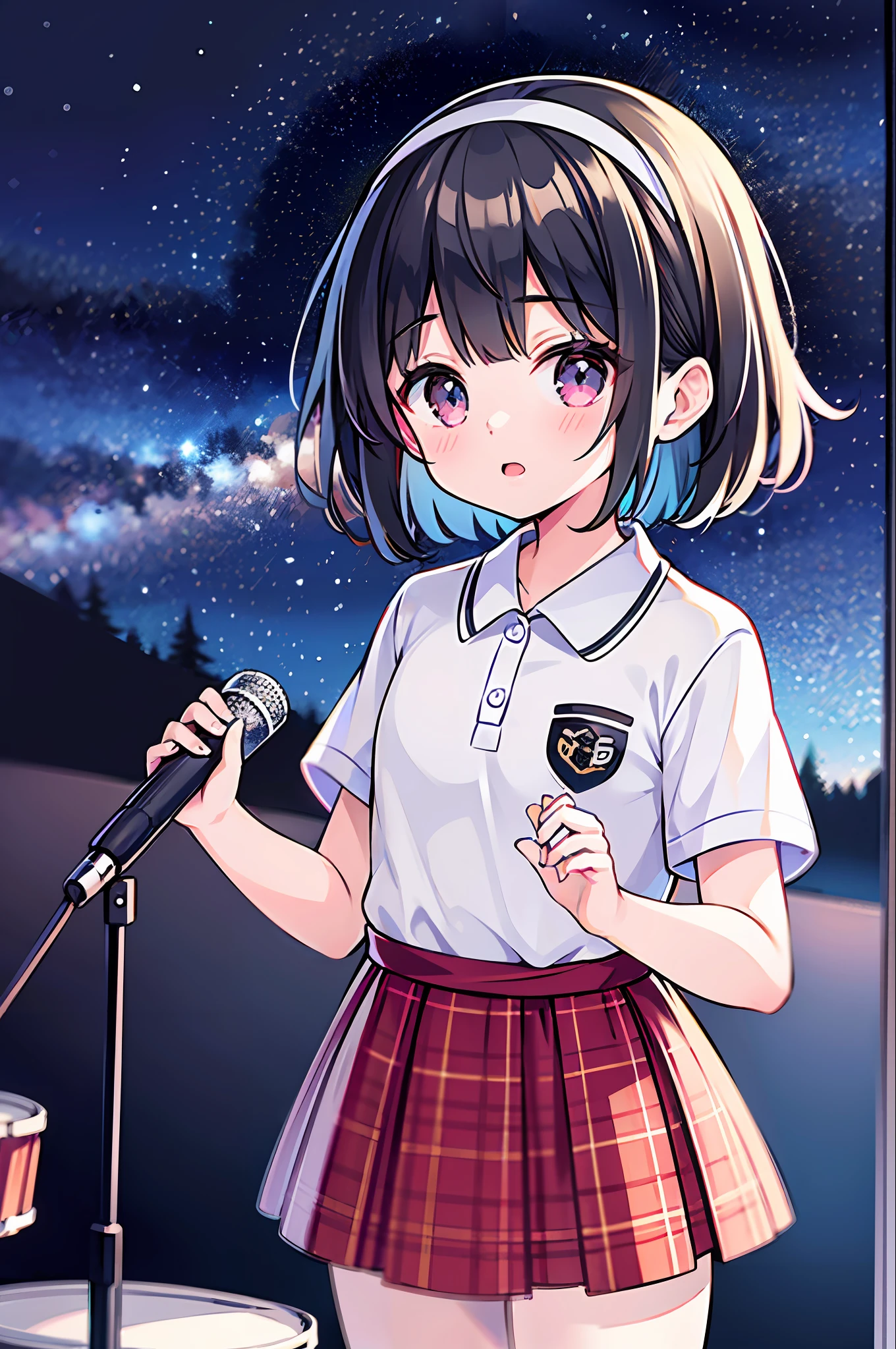 Top Quality, Ultra High Resolution, 16 Year Old Girl 1 Person, Short Hair, Black Hair, Hair Band, Small, White Short Sleeve Polo Shirt, Plaid Skirt, Band Activity, Drum Set, Tapping