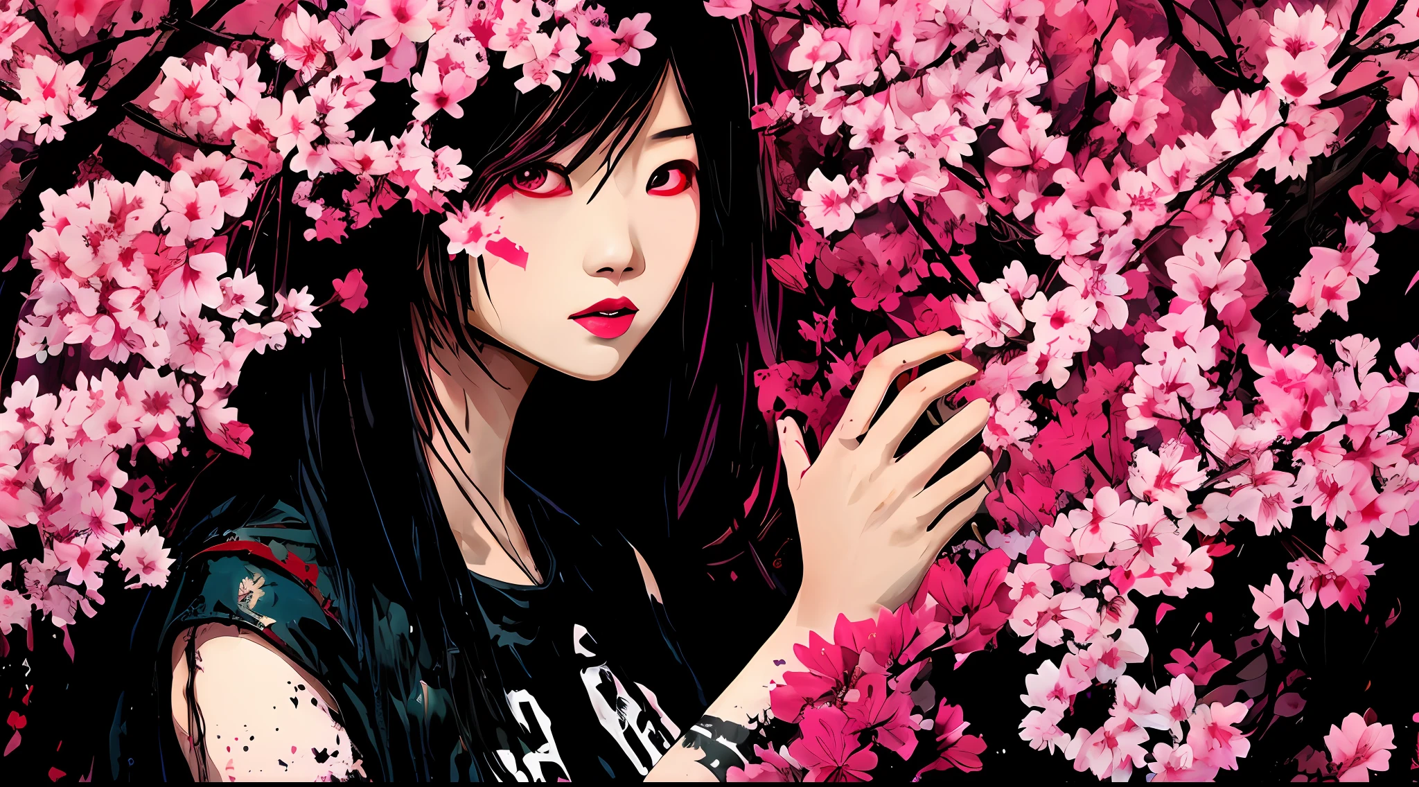 red and black, an asian girl in the darkness, in the style of Mork Borg, strong contrast, grunge dirty punk splash art, black metal zine, punk color splash background, surrounded by pink sakura flowers, horror, dark mood