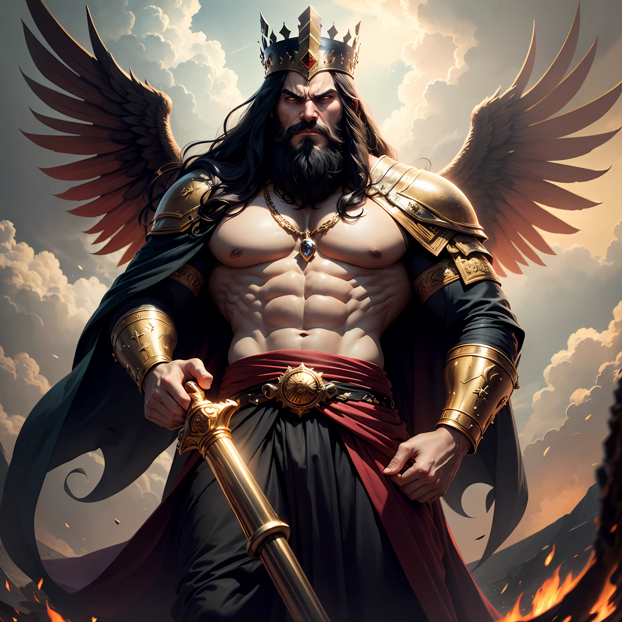 A man like Persian king Darius the Great, long black beard like Achaemenid Persian, Very long beards, angry, Cloudy sky, red royal crown with gold chains, real quality like game, 4k, very muscular body, long black hair, two big black wings, iron scepter in hand, angry and angry, like God, like Persian king Darius, his face like super villain , the weather is stormy and rainy, he looks at the sky, high quality --auto