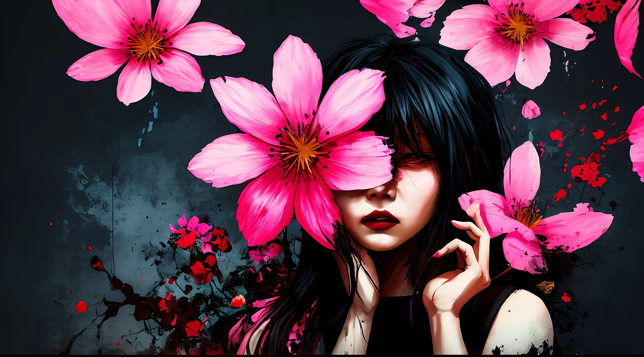 red and black, an asian girl in the darkness, in the style of Mork Borg, strong contrast, grunge dirty punk splash art, black metal zine, punk color splash background, surrounded by pink sakura flowers, horror, dark mood