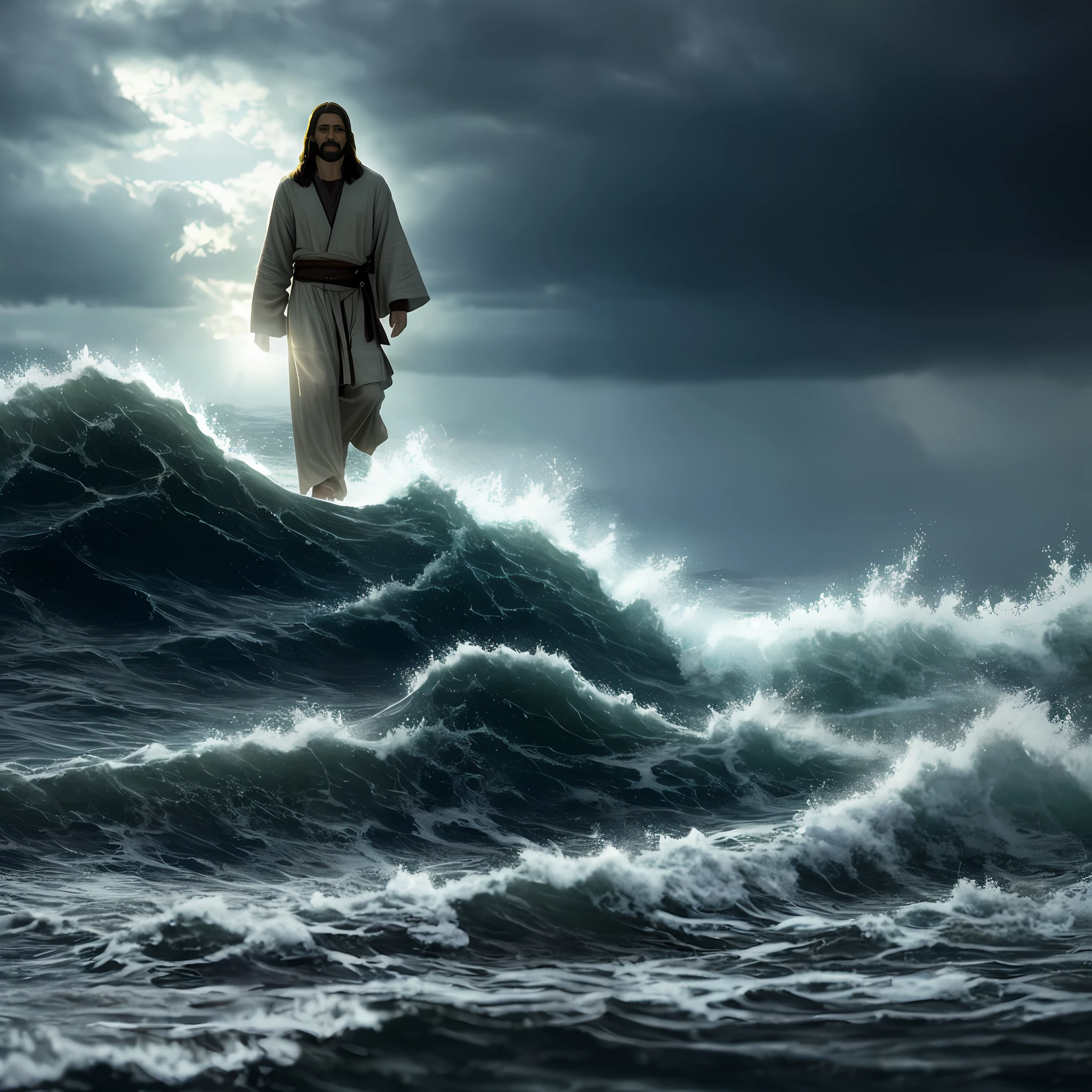 Ultra realistic photo,cinematic scene,jesus walking on water in the middle of a storm, masterpiece, best quality, high quality, 8k extremely detailed CG unit wallpaper, award-winning photography, Bokeh, Depth of Field, HDR, bloom, chromatic aberration, photorealistic, extremely detailed, trend in artstation, trend in CGsociety, intricate, high detail, dramatic, art in the middle of the journey, Volumetric lighting