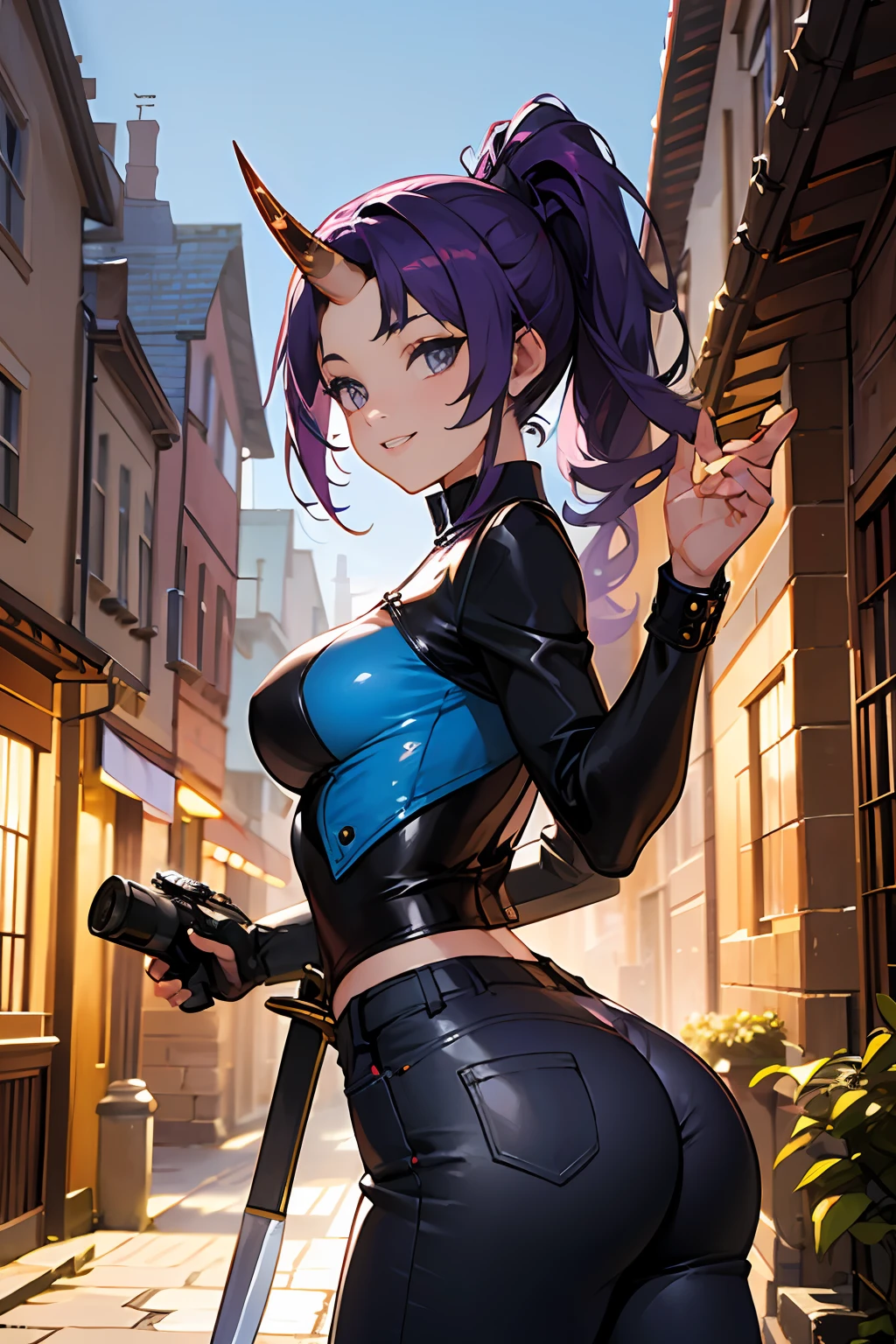 master-piece, hyper quality, hyper detailed, perfect drawing, CG, 3D, 8k, illustration, solo, beauty, purple hair ponytail, ((only one horn grows from the middle of the forehead))), height 190 cm, rich breasts, L cup bust 108 cm, purple leather pantsuit at the top and bottom, The upper body is naked and only a jacket is worn, skinny pants (low-rise pants), holding an ultra super big sword in the hand, cute smile, round big buttocks, isekai fantasy, townscape similar to medieval Europe, cobblestone, castle on a distant mountain, beautiful background, natural light, high resolution, shooting from the front obliquely below, professional camera,