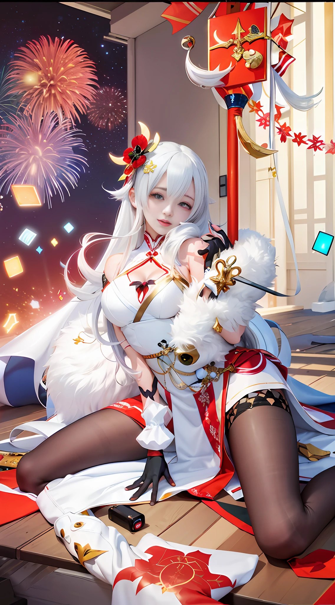 Anime girl sitting on the floor with white hair and white dress, Onmyoji, Onmyoji detailed art, White haired god, Onmyoji portrait, Ayaka Genjin impact