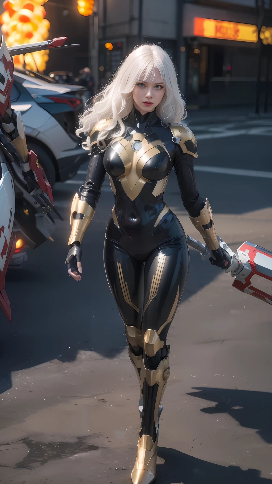 araffe dressed in a black and gold costume walking down a street, armor girl, girl in mecha cyber armor, cosplay on black harley queen, wearing witchblade armor, black and golden armor, cyber japan armor, stunning armor, black and gold armor, professional cosplay, cyber japan style armor, gold armour suit, covered in full metal armor, cosplayer