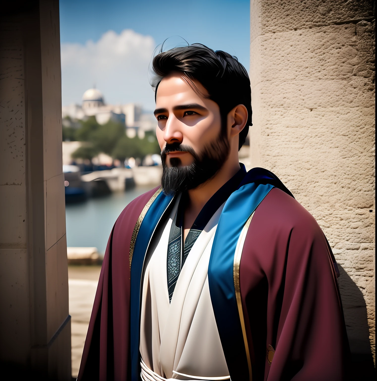 Super realistic and natural image of a 30-year-old man dressed in Bible-era clothing, specifically a robe, tunic and sandals. The man must be located in the city of Tarsus in Asia Minor during the printed times. Make sure the image has a 16:9 aspect ratio, HD and 4K resolution, and is well lit. Emphasize authentic and precise details, faithfully recreating the city's historic setting and surrounding environment. The intention is to capture the essence of the age and bring to life the figure of man in a convincing way. Please take all these elements into consideration when creating the image."