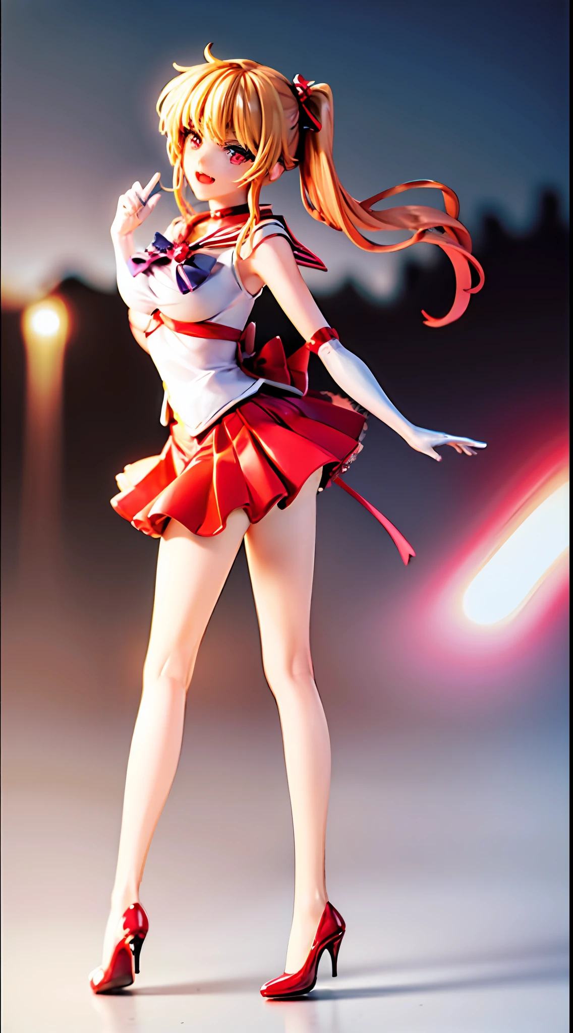 best quality, super high resolution, 1 girl, solo, flemish scarlet, red bow, blonde hair, side ponytail, red eyes, shiny eyes, fangs, tiara, sailor sensi uniform, white gloves, red sailor collar, red skirt, necklace, elbow gloves, pleated skirt, bare legs, yellow bow, red miniskirt, bare lag, red high heels, laugh, looking at the audience, facing front, full body,