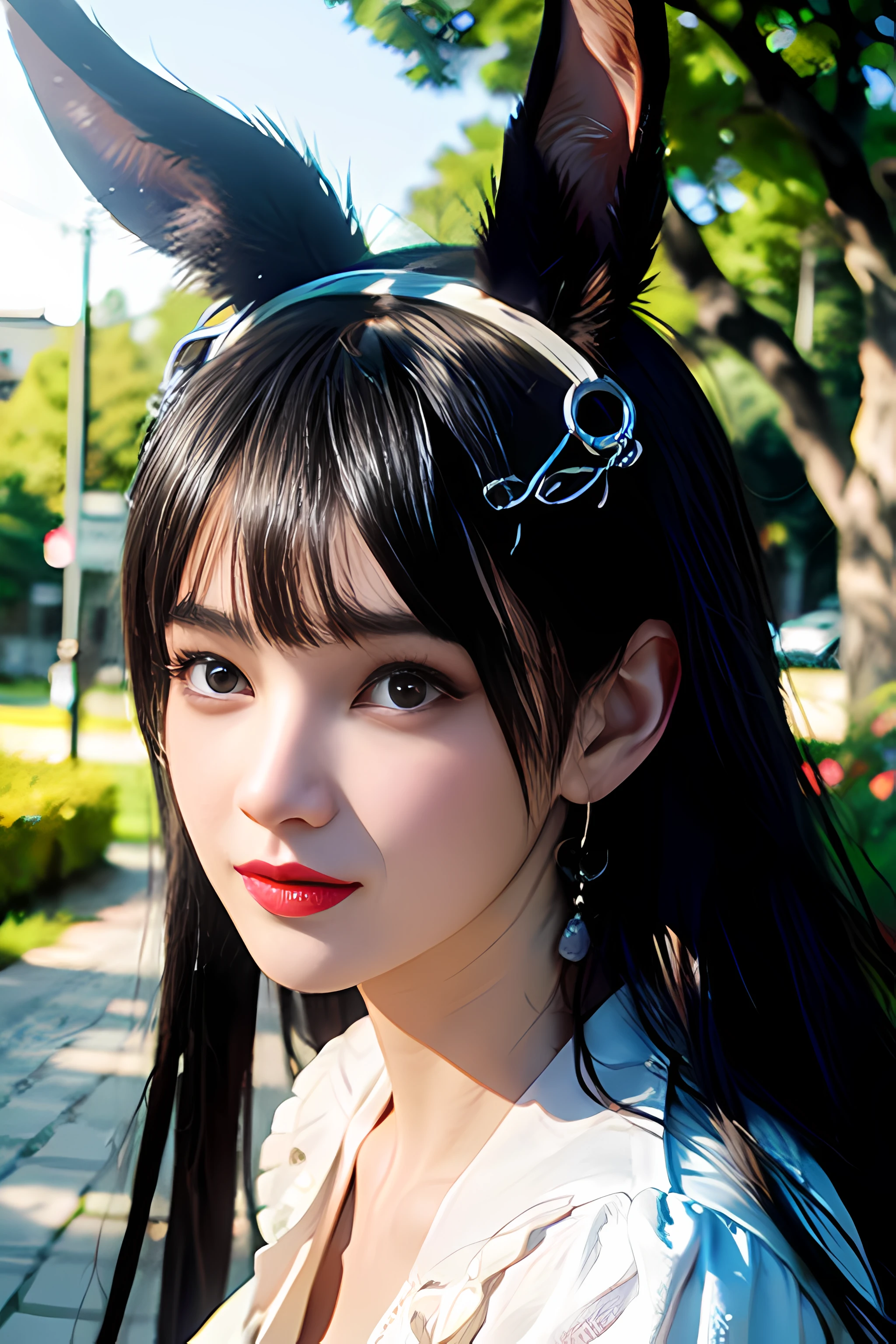 Best quality, super detailed, masterpiece, fine detail, high resolution, 8k wallpaper,
1 girl, animal ears, bangs, black eyes, black hair, red and white clothes, closed mouth, depth of field, earrings, jewelry, lips, long hair, looking at the audience, outdoors, rabbit ears, red lips, solo