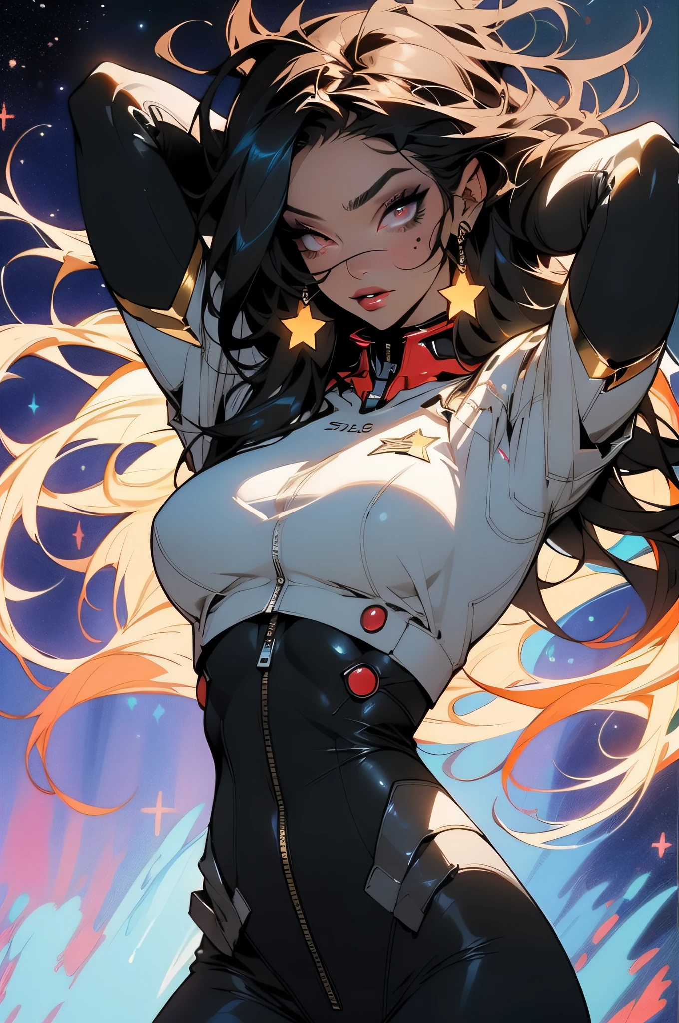 ((Best quality)), ((masterpiece)), (detailed: 1.4), (Absurd), strong 35-year-old woman, black kinetic skin with (((exposed black muscles)))), hot woman, sculptural body with defined muscles, closed mouth, muscular body covered by a micro thong, whole body covered by Genesis evangelion neon style clothing, (((large breasts)), (eyes with heavy and very black makeup), (((unkempt hair)), (stars covering the body), ((drawings of golden stars on the arms)), very long eyelashes, heavy eye makeup, lots of jewelry, by mucha, niji --V5, close to real, psychopath, crazy face, sexy pose, 2 piece clothes, pastel, centered, scale to fit the dimensions
