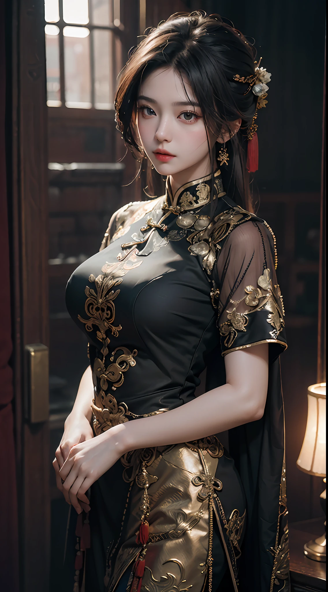 Best quality, (RAW photo: 1.2), (Masterpiece: 1.4), (Realistic: 1.4), (High resolution: 1.4), Chinese actress Guli Naza, depth of field, intricate details, 8k, very detailed, perfect lighting, epic background, big bust 1.3, cos slave