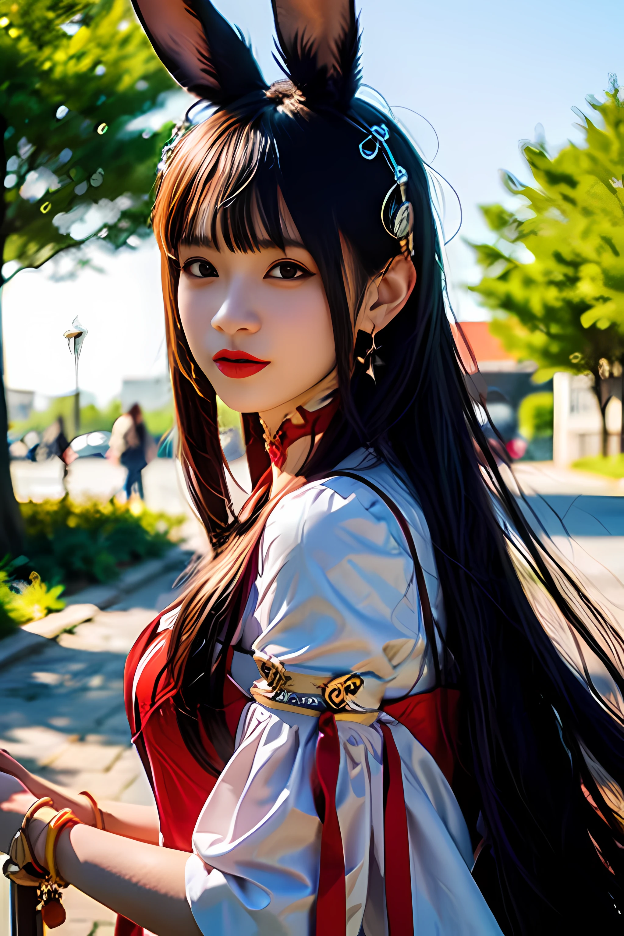 Best quality, super detailed, masterpiece, fine detail, high resolution, 8k wallpaper,
1 girl, animal ears, bangs, black eyes, black hair, red and white clothes, closed mouth, depth of field, earrings, jewelry, lips, long hair, looking at the audience, outdoors, rabbit ears, red lips, solo