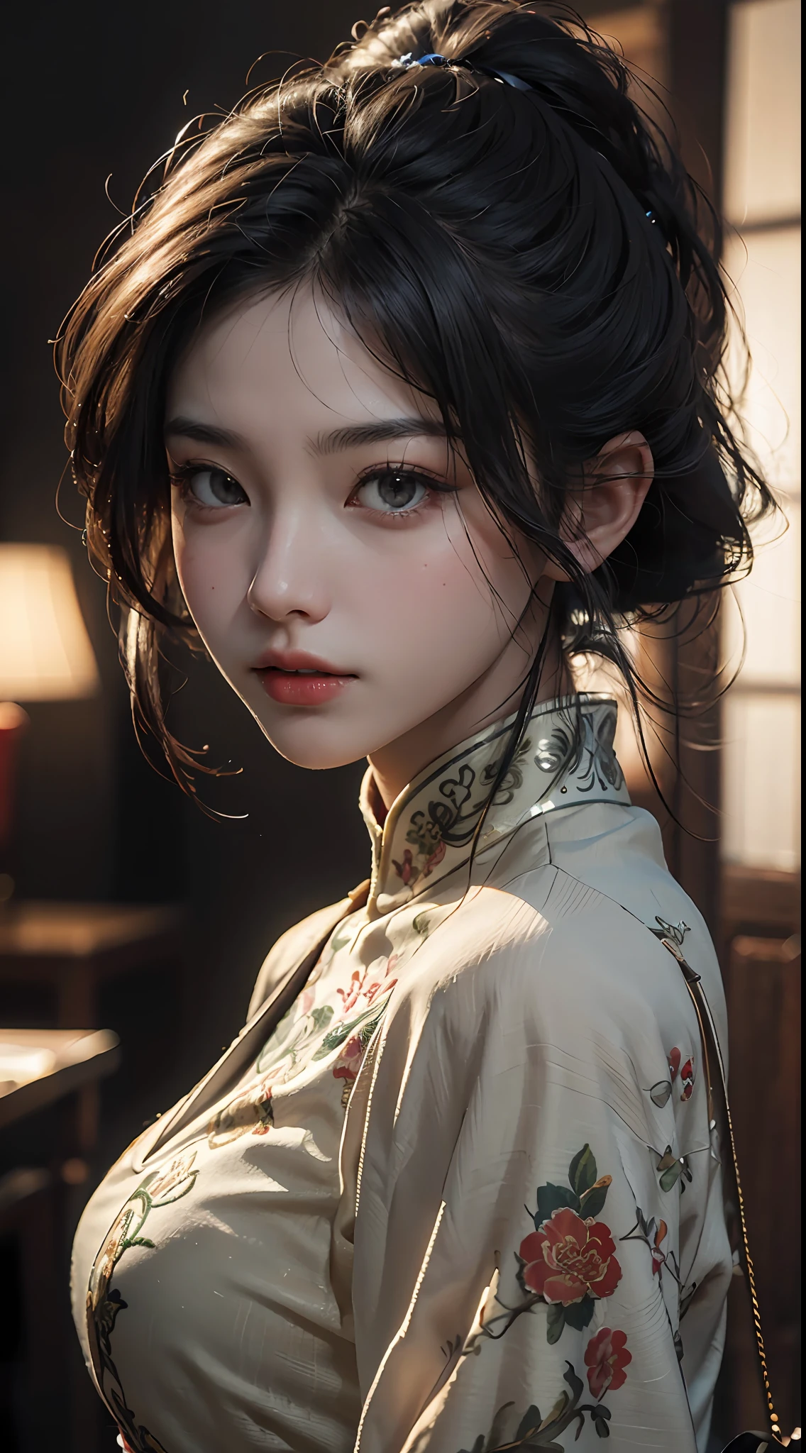 Best quality, (RAW photo: 1.2), (Masterpiece: 1.4), (Realistic: 1.4), (High resolution: 1.4), Chinese actress Guli Naza, depth of field, intricate details, 8k, very detailed, perfect lighting, epic background, big bust 1.3, cos slave