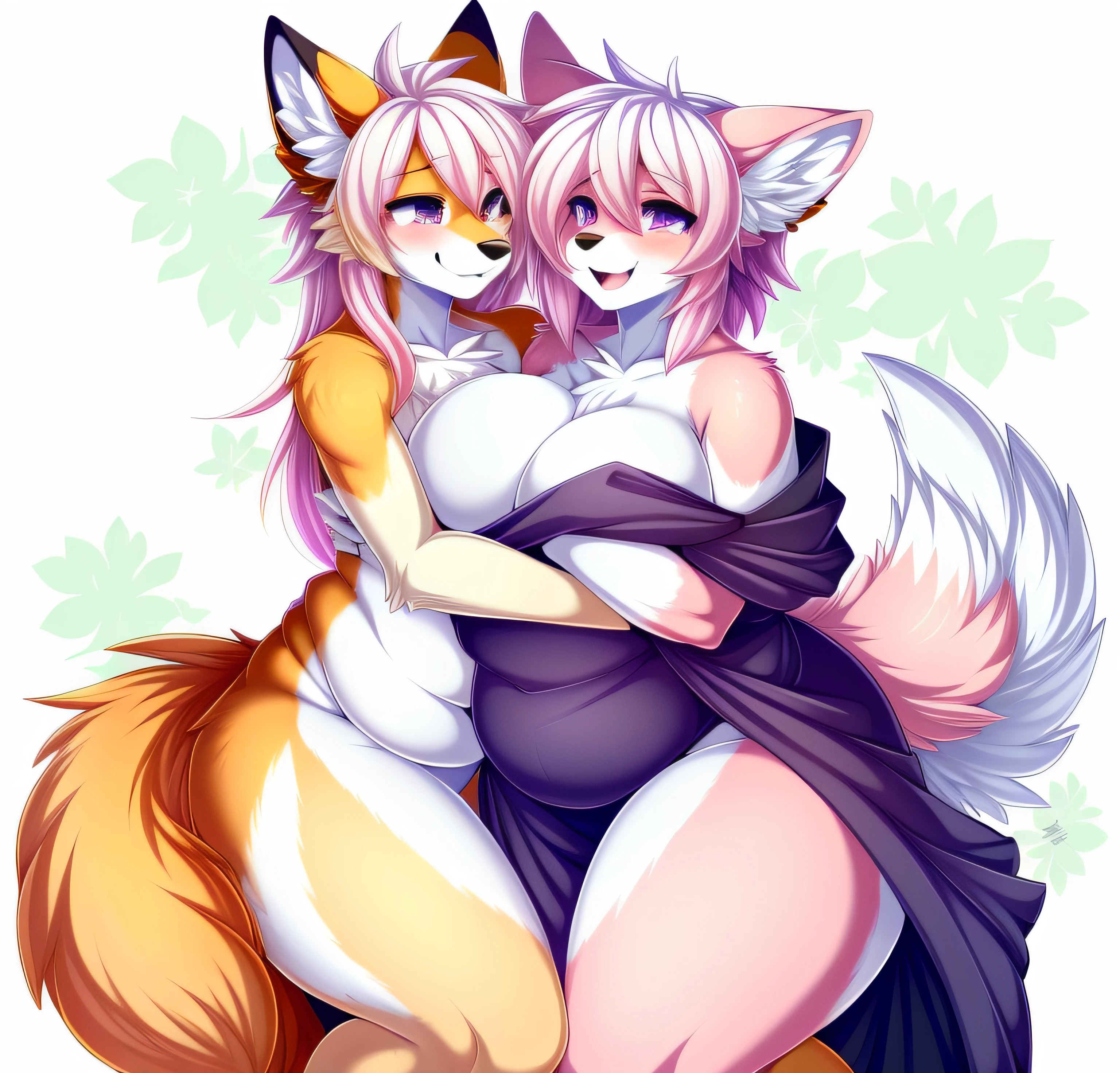 ((masterpiece, best quality, hug)), (Anthro furry:1.3, anthro:1.3, hairy:1.2, fullbody:1.2, neckline, smile), by teranen, (coffeesoda:1.1), teranen, fox, anthro, female, pleasure face, Breathless, very chubby, ass, curvy thighs, huge thighs, pink right iris, pink left iris, pink body, big boobs, chubby, white hair, white bangs, pink hair, pink ears, chest fluff, ((duo)),  orange fox, femboy, purple robe