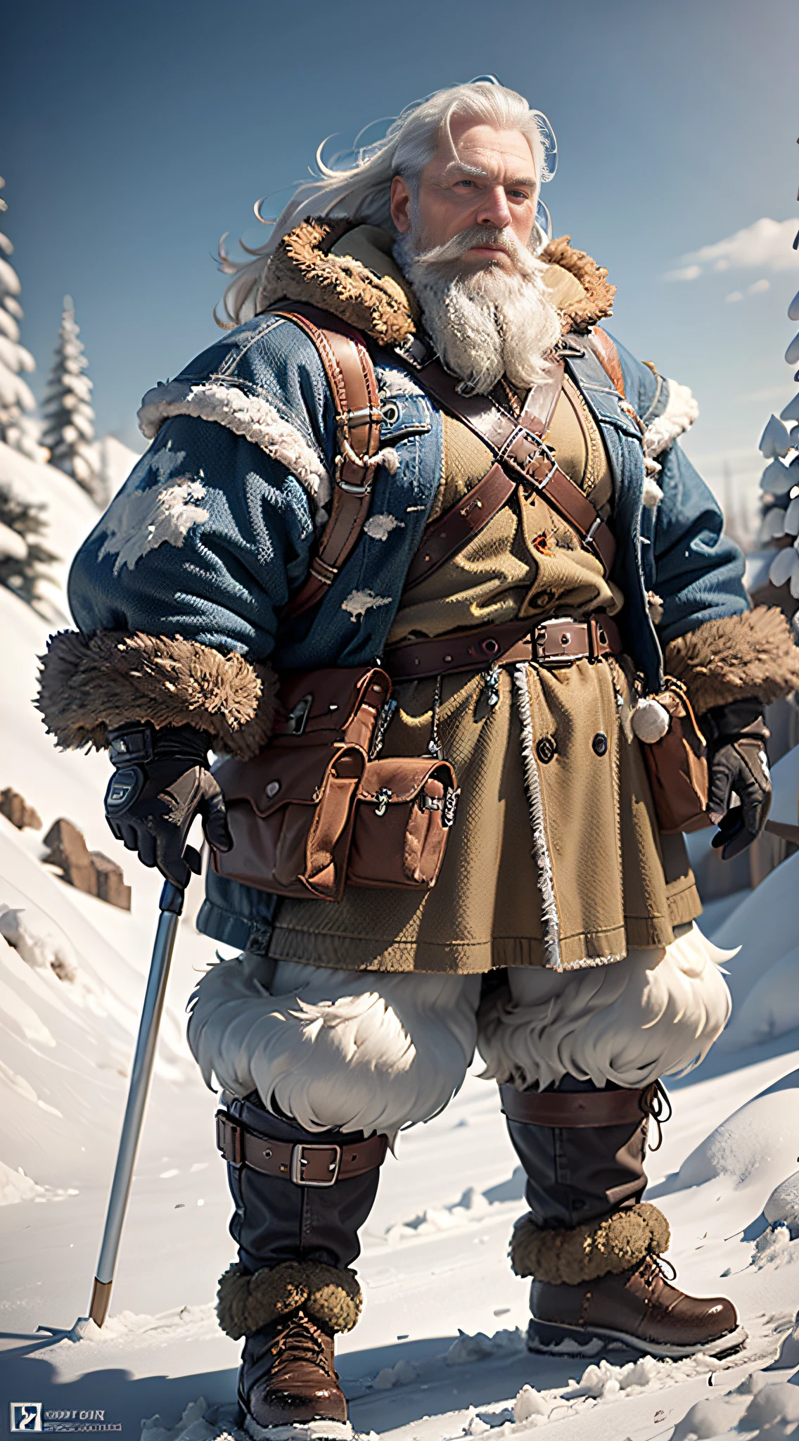 full body shot, semi bald, artic in the background, year 1900, 2 meter tall Danish man in his 40s, robust build, strong physique, wind bites on face, wrinkles, blonde gray hair, thick mane of tousled hair, long and tall beard, icicles in beard, blue eyes, rugged appearance, set of strong and slightly crooked teeth, heavy fur coat, sealskin boots, and thick layers of protective gear, an artic explorer from 1900s, detailed face, detailed eyes, detailed skin (photorealistic:1.4), 8k uhd, (hyper realistic), (photo realistic), (masterpiece), (best quality)