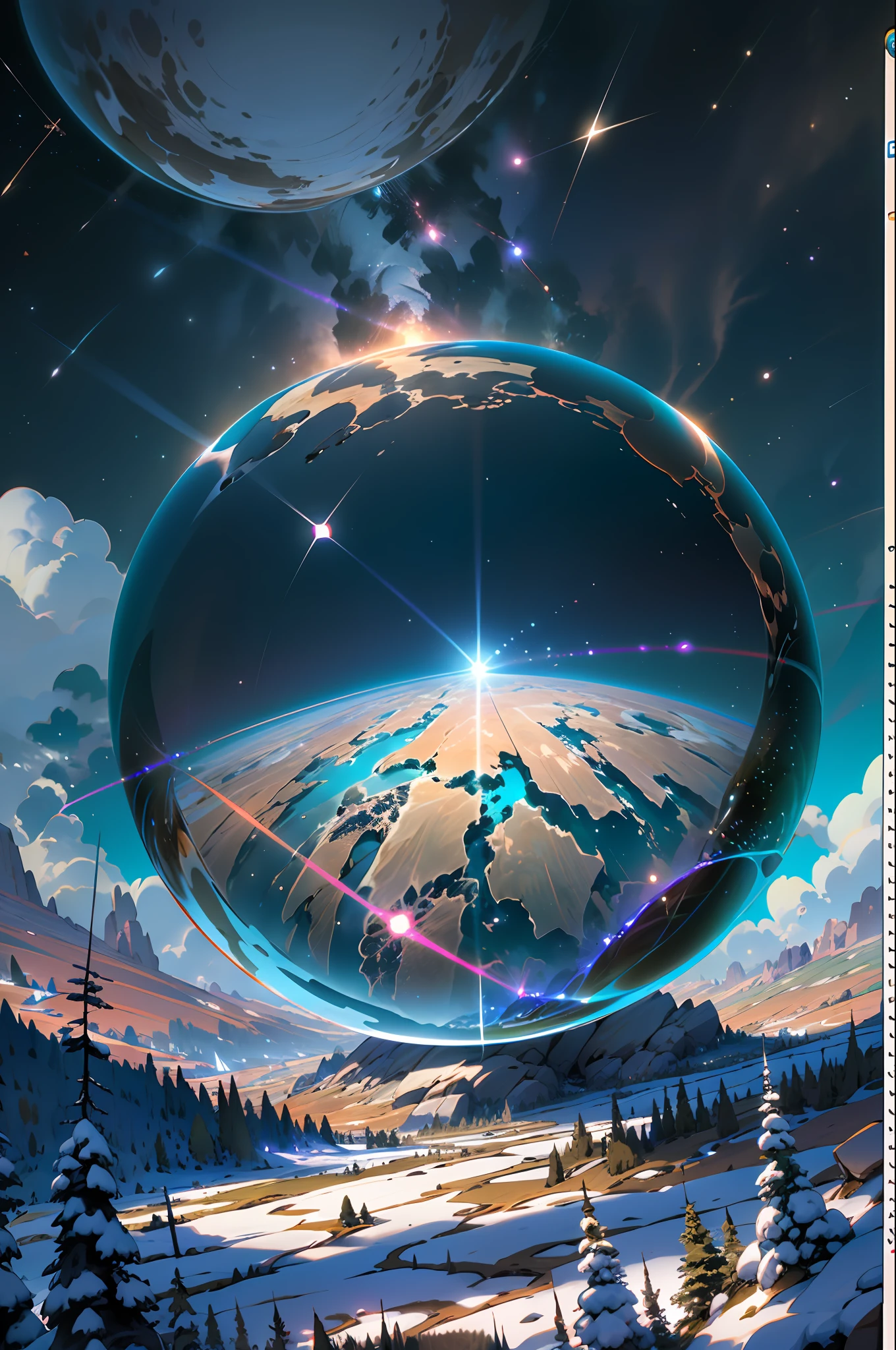A giant mirror sphere floating in space, flickering lights, (green fields like the sky surrounded by high mountains and clouds: 1.3), particles in the air, divine rays, stars in the background, complex fractals, detailed, (illustration), masterpiece, high resolution, better quality.