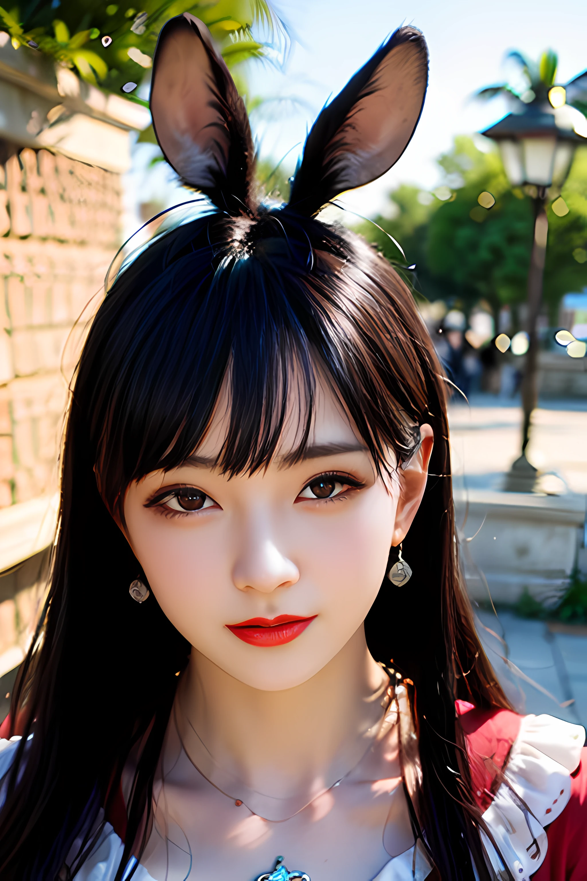 Best quality, super detailed, masterpiece, fine detail, high resolution, 8k wallpaper,
1 girl, animal ears, bangs, black eyes, black hair, red and white clothes, closed mouth, depth of field, earrings, jewelry, lips, long hair, looking at the audience, outdoors, rabbit ears, red lips, solo