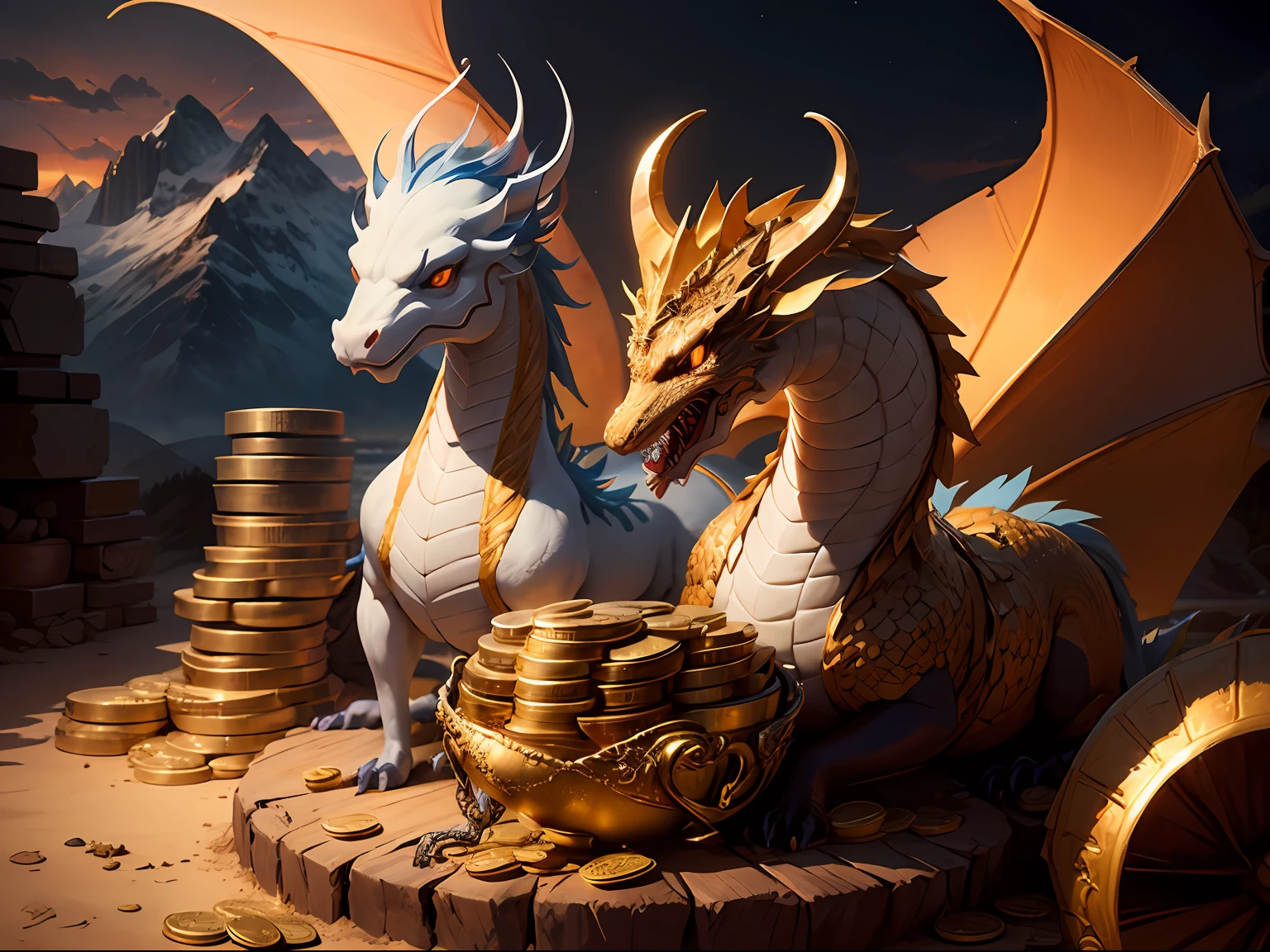 Cornucopia, golden dragon, mountains of gold coins behind it, bright colors --auto