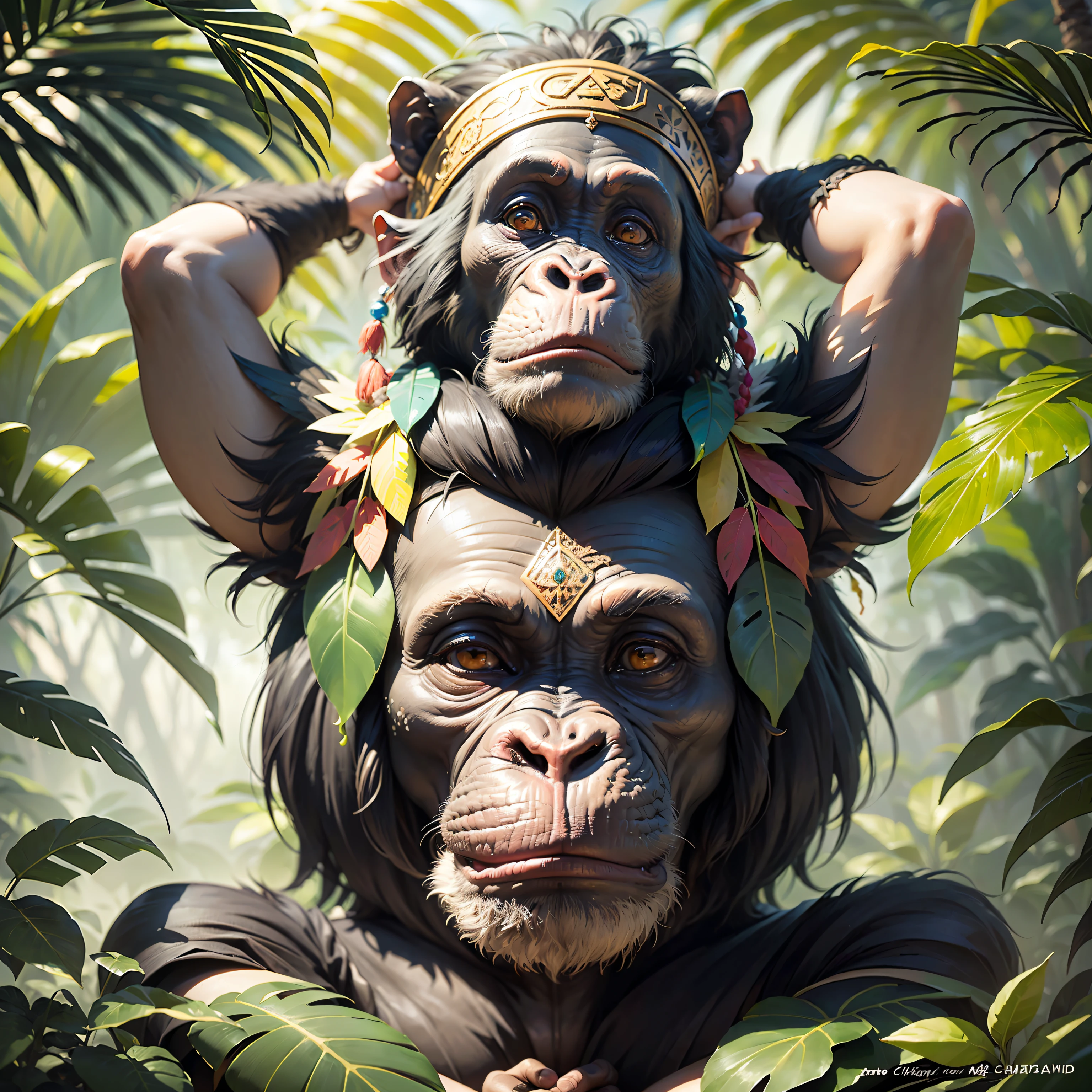 Chimpanzee face,,((praying),, hair with details, with indigenous headdress on the head, ((meditating)) colorful feathers, facing the camera, detail: sitting in the middle of dense tropical foliage, highly detailed intricate, ((masterpiece)), ultra hyperrealistic, masterpiece