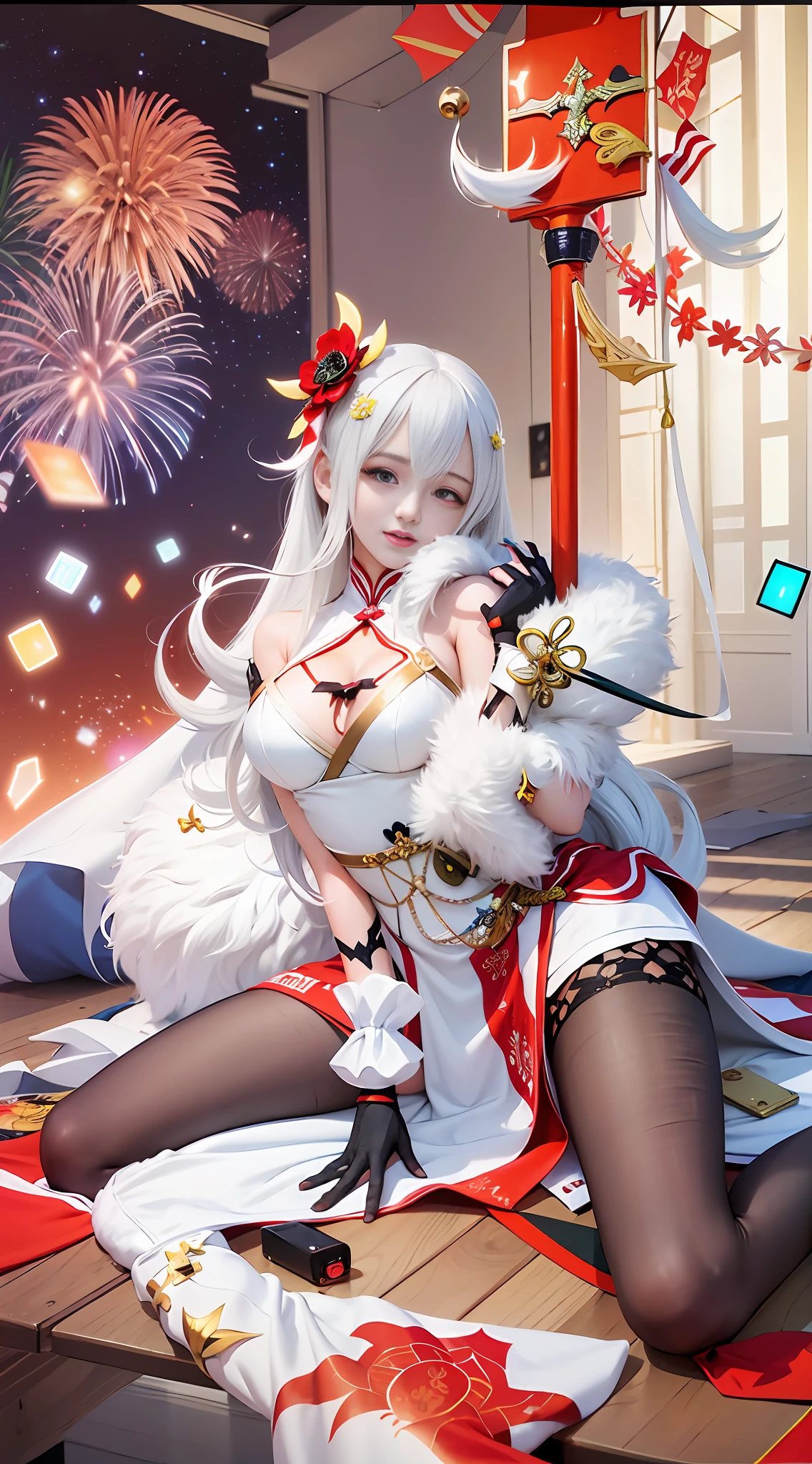 Anime girl sitting on the floor with white hair and white dress, Onmyoji, Onmyoji detailed art, White haired god, Onmyoji portrait, Ayaka Genjin impact