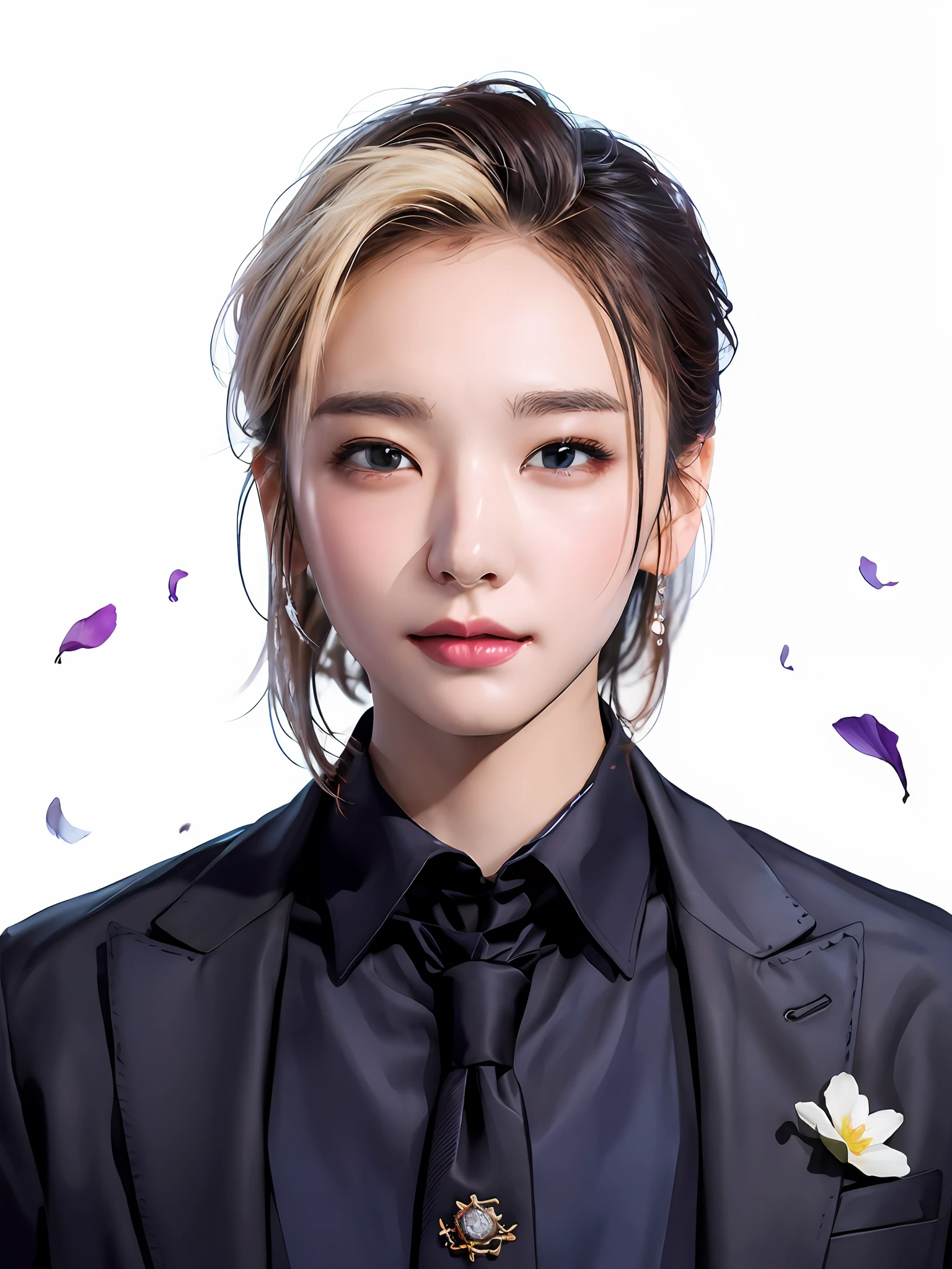 there is a woman in a suit and tie with a flower in her hair, kawaii realistic portrait, artwork in the style of guweiz, digital anime illustration, inspired by Yanjun Cheng, smooth anime cg art, digital art of an elegant, realistic. cheng yi, stunning anime face portrait, made with anime painter studio, beautiful anime portrait, anime realism style