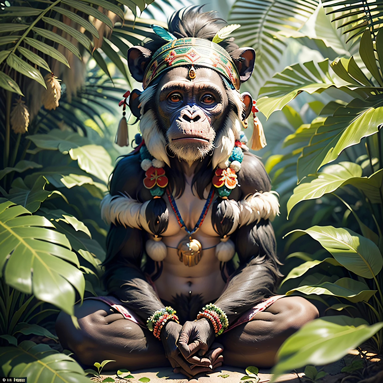 Chimpanzee face,,((praying),, hair with details, with indigenous headdress on the head, ((meditating)) colorful feathers, facing the camera, detail: sitting in the middle of dense tropical foliage, highly detailed intricate, ((masterpiece)), ultra hyperrealistic, masterpiece