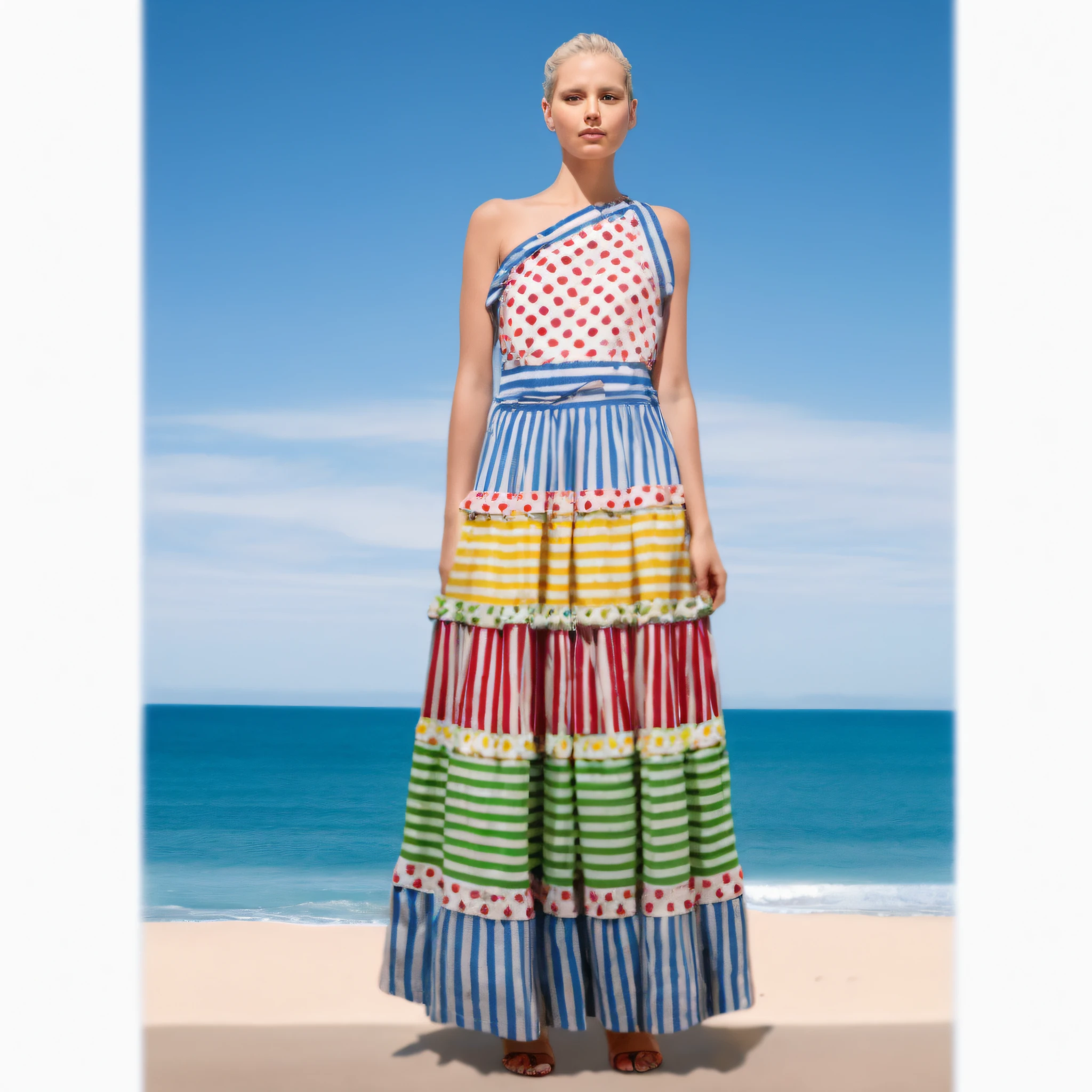 arafed woman in a colorful dress standing on a beach, dress in voile, oscar de la renta, inspired by Mirko Rački, inspired by Eva Gonzalès, edited, by derek zabrocki, peter driben, inspired by Antonín Chittussi, inspired by Fernando Gerassi, inspired by Emiliano Di Cavalcanti