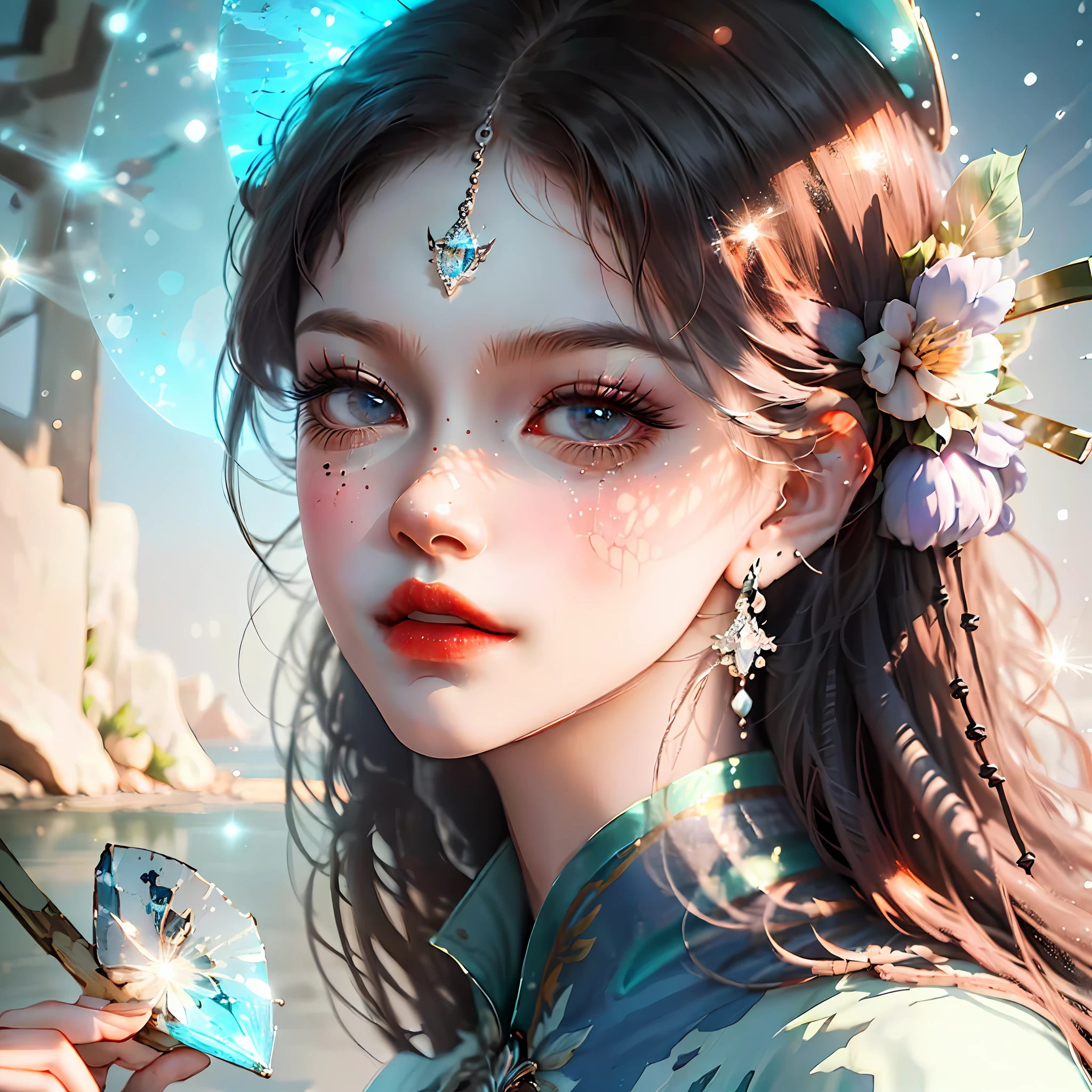 A woman, Guviz style art portrait, Guviz, popular in cgstation, palace, an antique style, perfect face close-up, by Zhang Han, trend in cgstation, wlop style, Yan Juncheng, inspired by Cheng Yanjun, realism. Cheng Yi Full Body Shot, Illustration, Cinematic Light, Fantasy, Highest Quality, Ultra Detailed, Best Quality, Masterpiece, (Detailed Face), Glowing Quicksand, Floating Ember Crystal, Reflective Crystal Luster, Clear Blue Sky, Long Curly Hair, Exuding Magic, Light Reflection