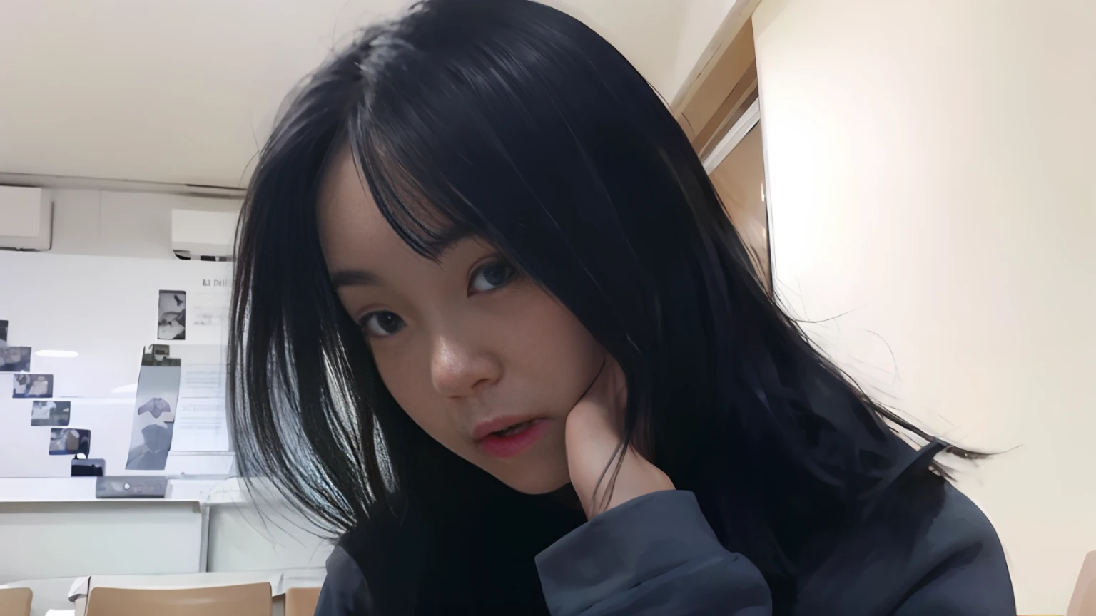 there is a woman that is sitting at a table with a cell phone, heonhwa choe, with black hair, jiyun chae, jaeyeon nam, kwak ji young, with long hair, seseon yoon, with long dark hair, taejune kim, wenfei ye, jinyoung shin, kim hyun joo, shin min jeong, jung gi kim