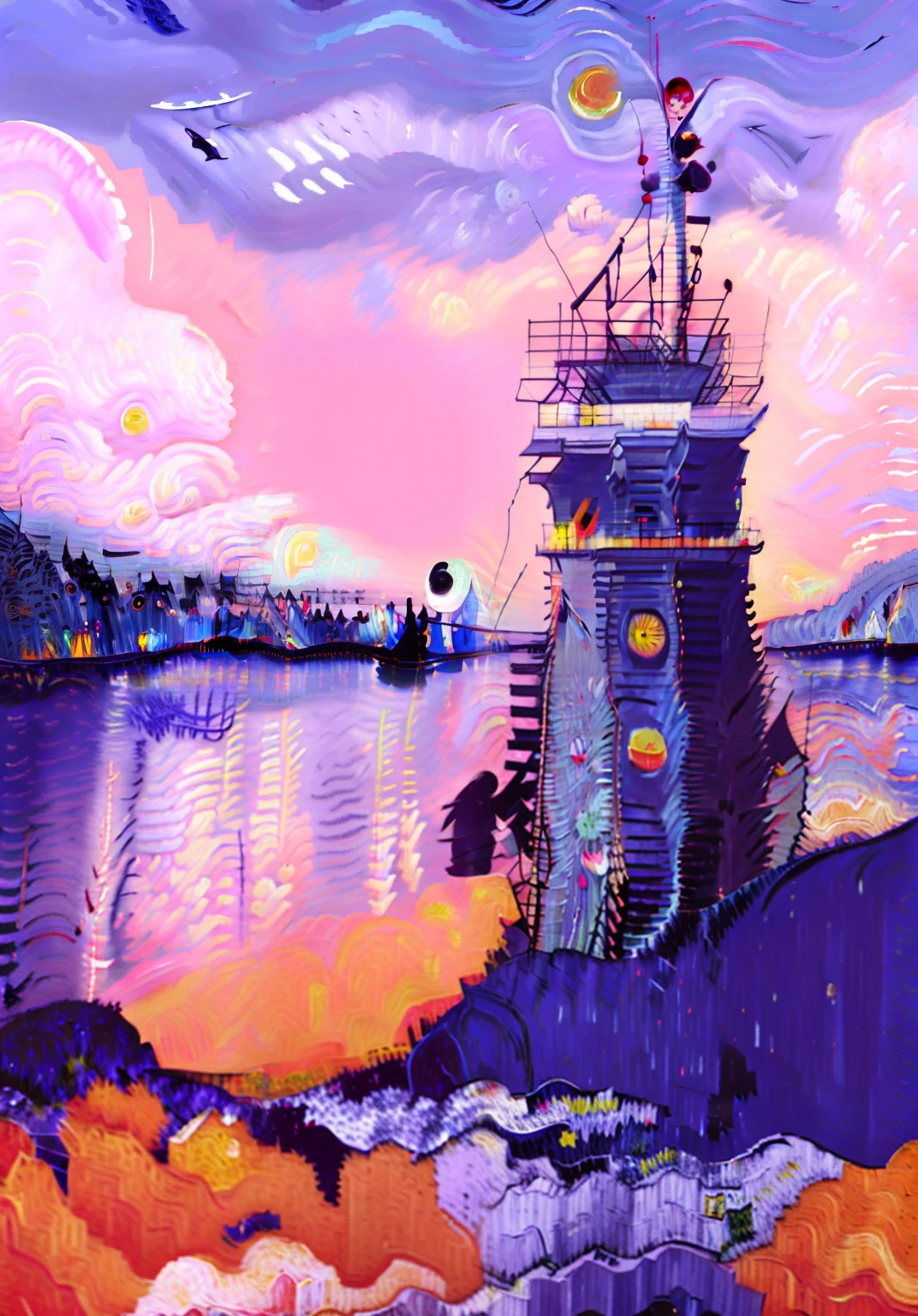 there is a lighthouse with a clock on the top of it, lighthouse, stylized digital illustration, bold lighthouse in horizon, light house, photography of kurzgesagt, detailed digital illustration, sunset illustration, lighthouse in the desert, surreal flat colors, simple and clean illustration, flat illustration, matte digital illustration, in style of digital illustration, colorful illustration