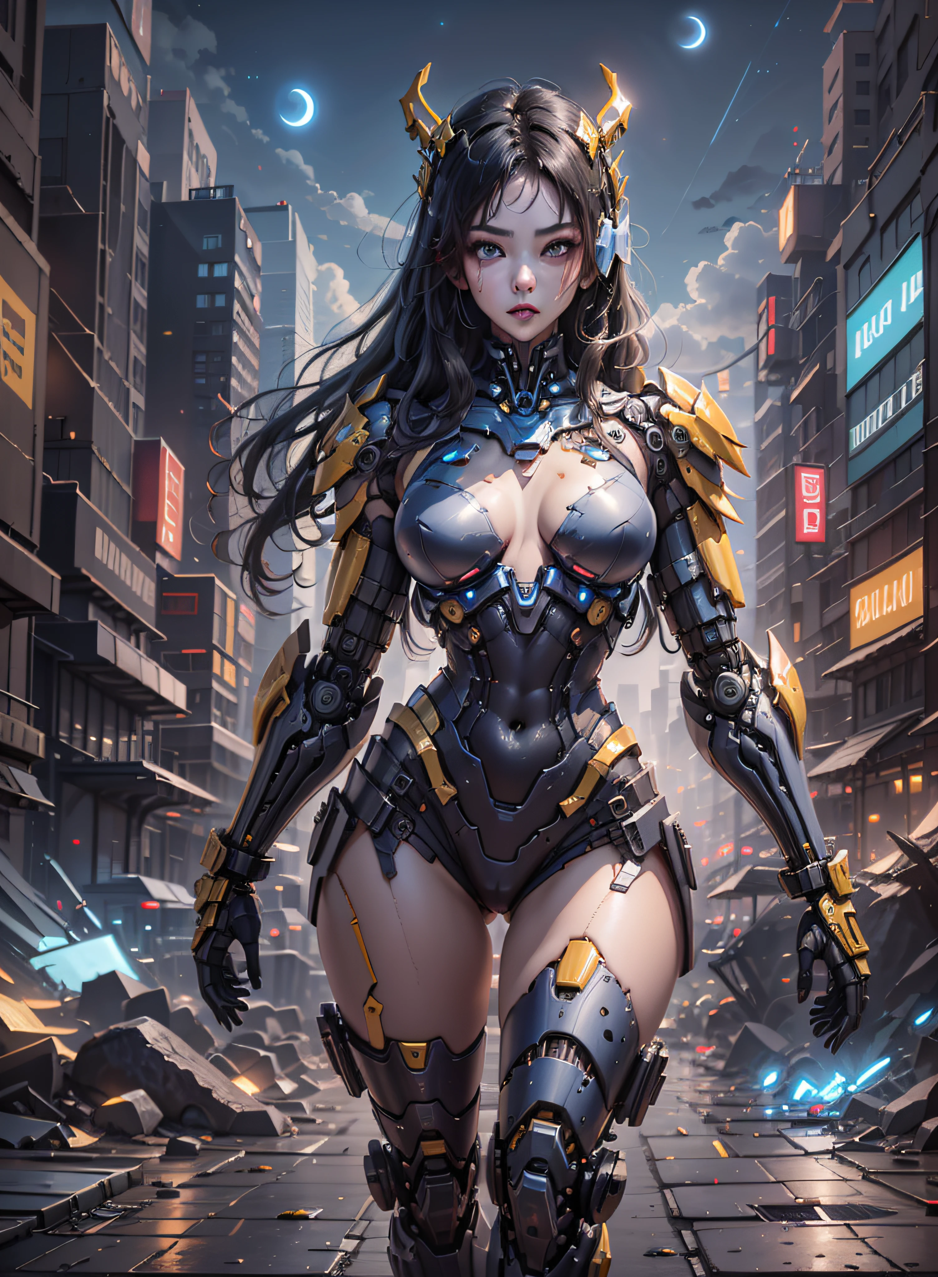 High definition (8k), Beautiful woman detailed defined body, bluish black hair, sexy full body pose wearing conan the barbarian cosplay, medium breasts, blue uniform, red, white, golden yellow high-tech, cyberpunk, futuristic, scenery with night sky with clouds, moon,