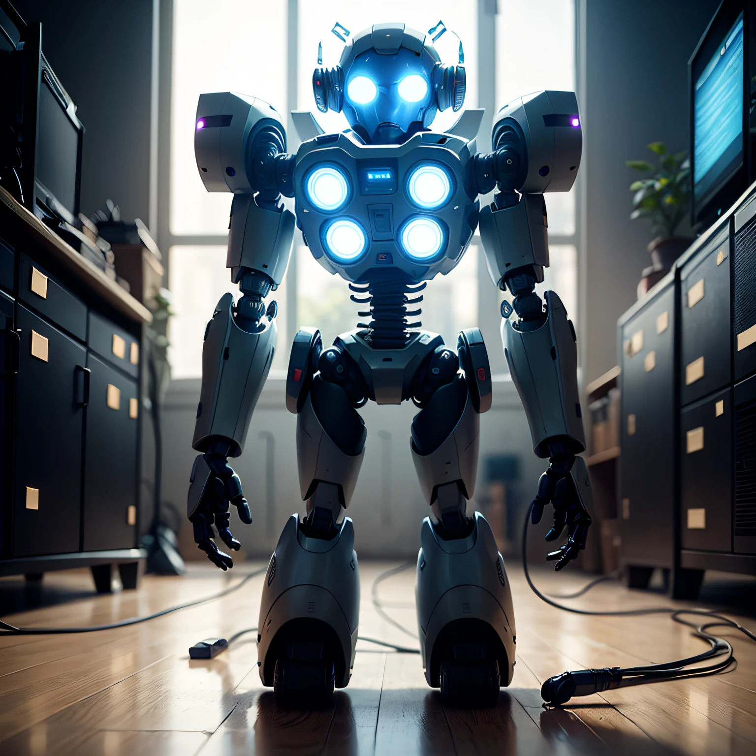 Robots with artificial intelligence generating holograms - black and white - technological --auto