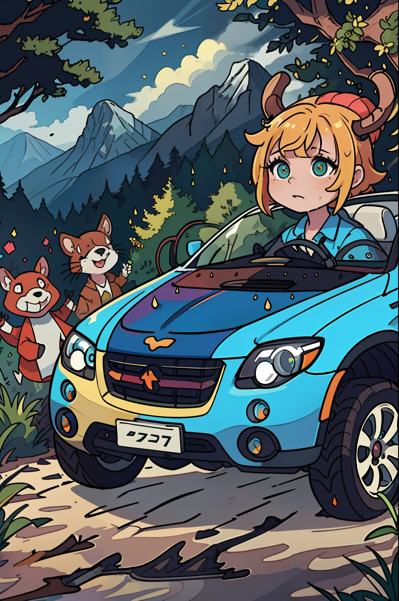 Masterpeace, BestQuality, Car, Forest, Mountains, Wet Road, Auto, Auto, Bright Colors, Volumetric Lighting, Best Shadows, Shallow Depth of Field, (High Quality, Stunning Details: 1.25), Brilliant Colorful Paintings, Whimsical, Magical, Flicker, Highlights, Neon Garland, Details, 8k