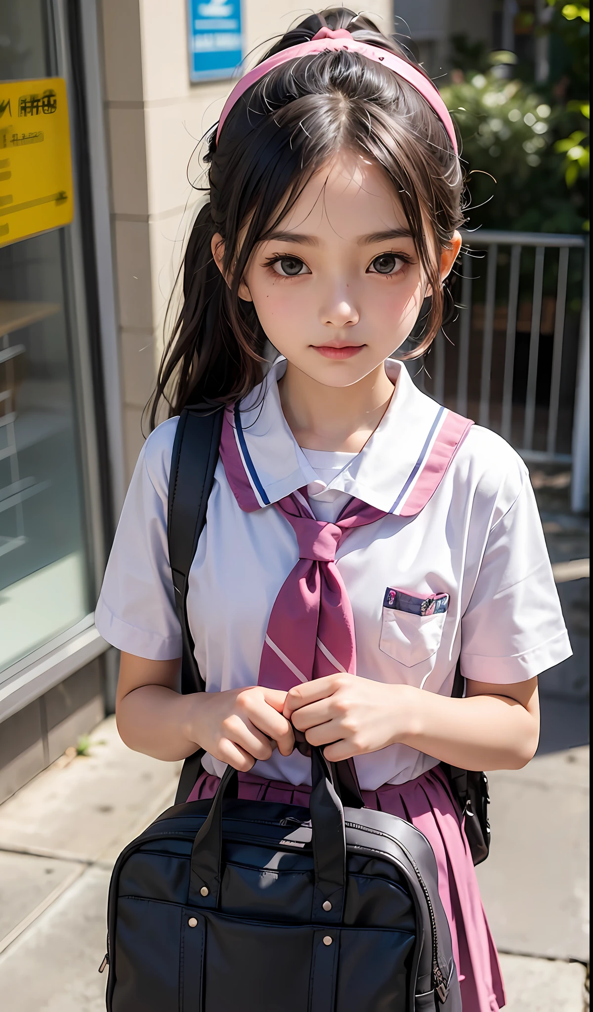 An -year-girl,hoolboy school bag, cute pink school uniform, animal hanging, ponytail, headband