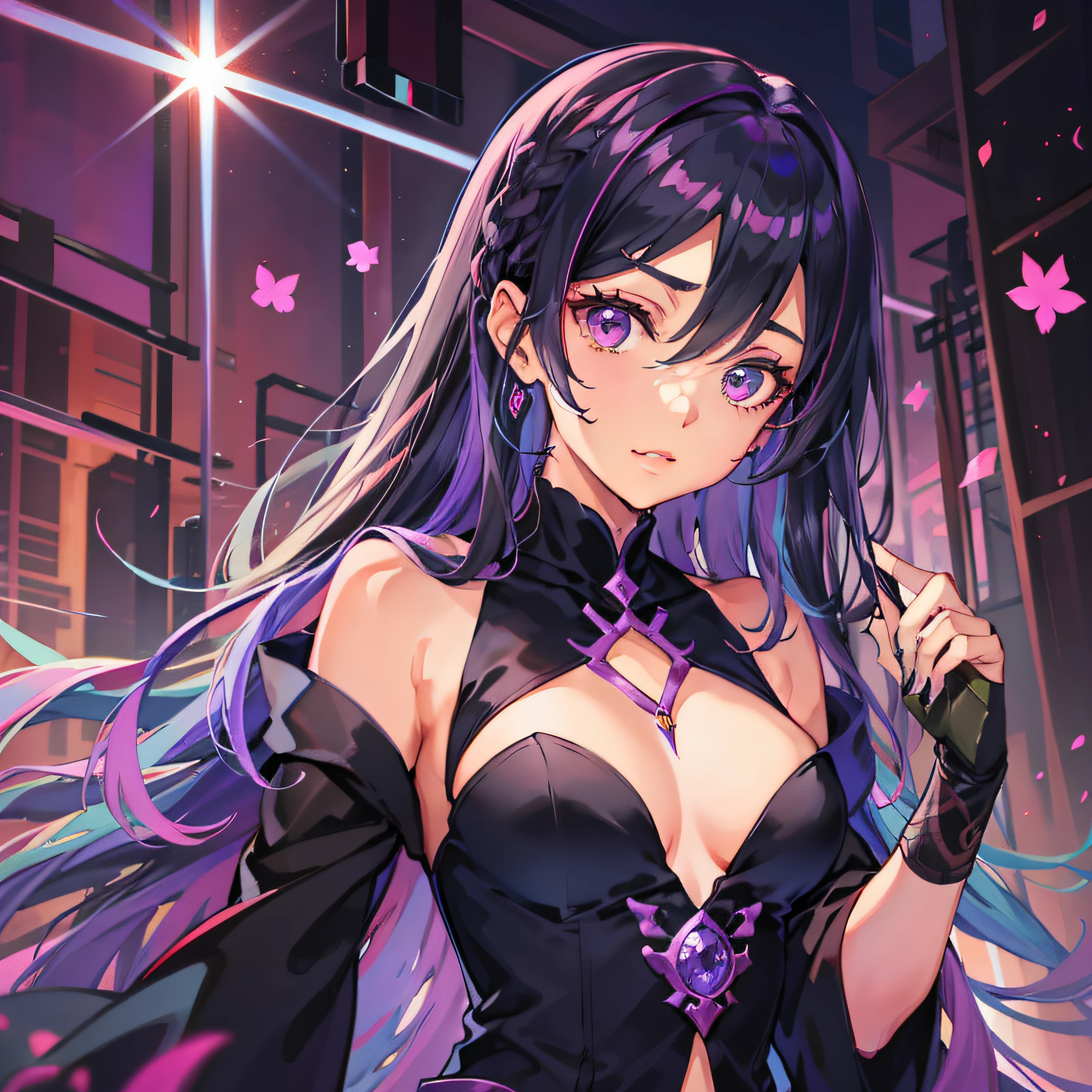 A woman with long black and purple hair. Has violet eyes. Wears a mage's outfit.