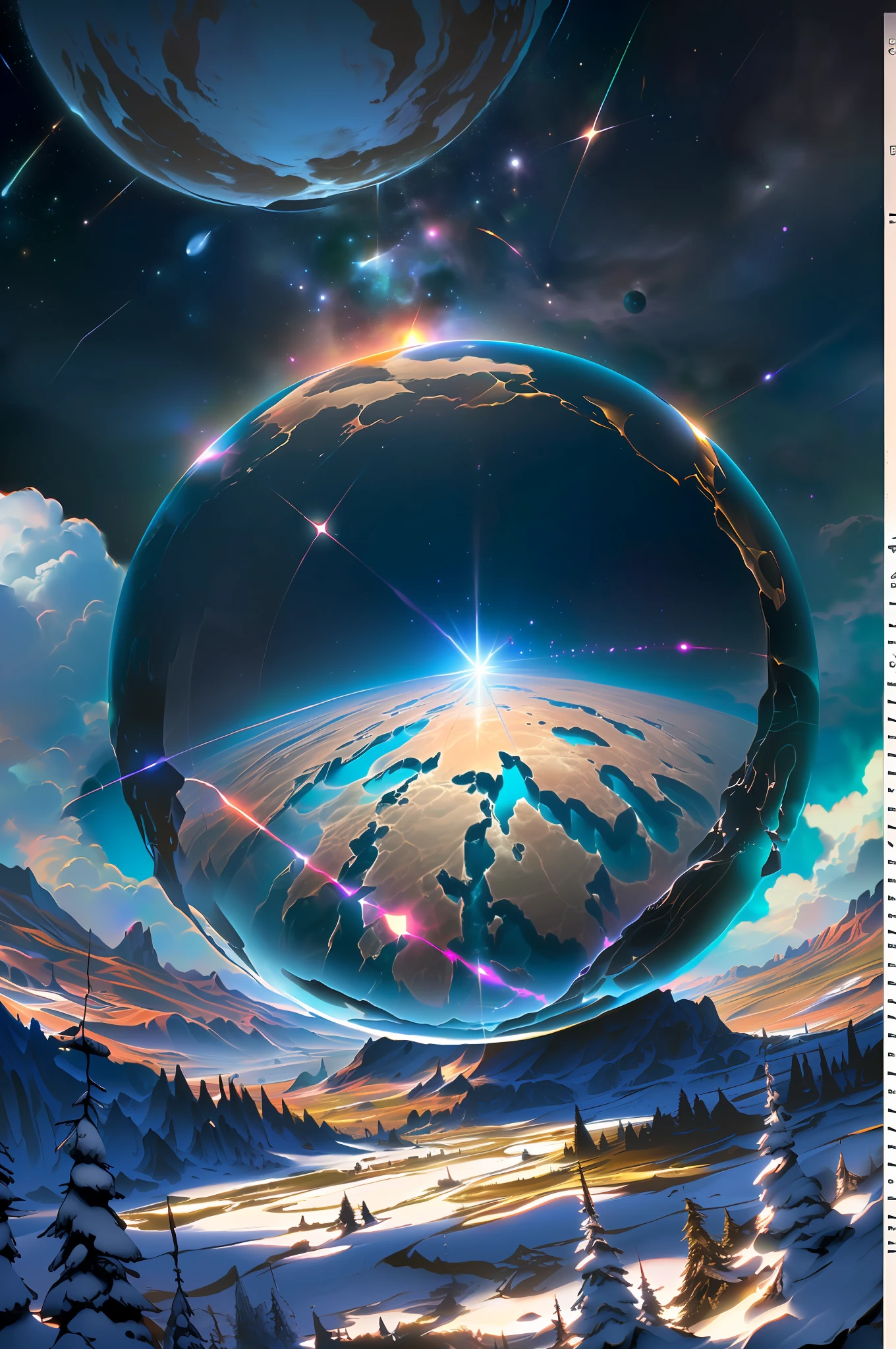 there is a picture of a planet with a star in the sky, 4k highly detailed digital art, greg beeple, highly detailed illustration, rossdraws global illumination, earth in the sky, amazing wallpaper, beeple masterpiece, fractal world, highly detailed illustration.”, magnificent background, heaven planet in background, 8k stunning artwork, circular planet behind it