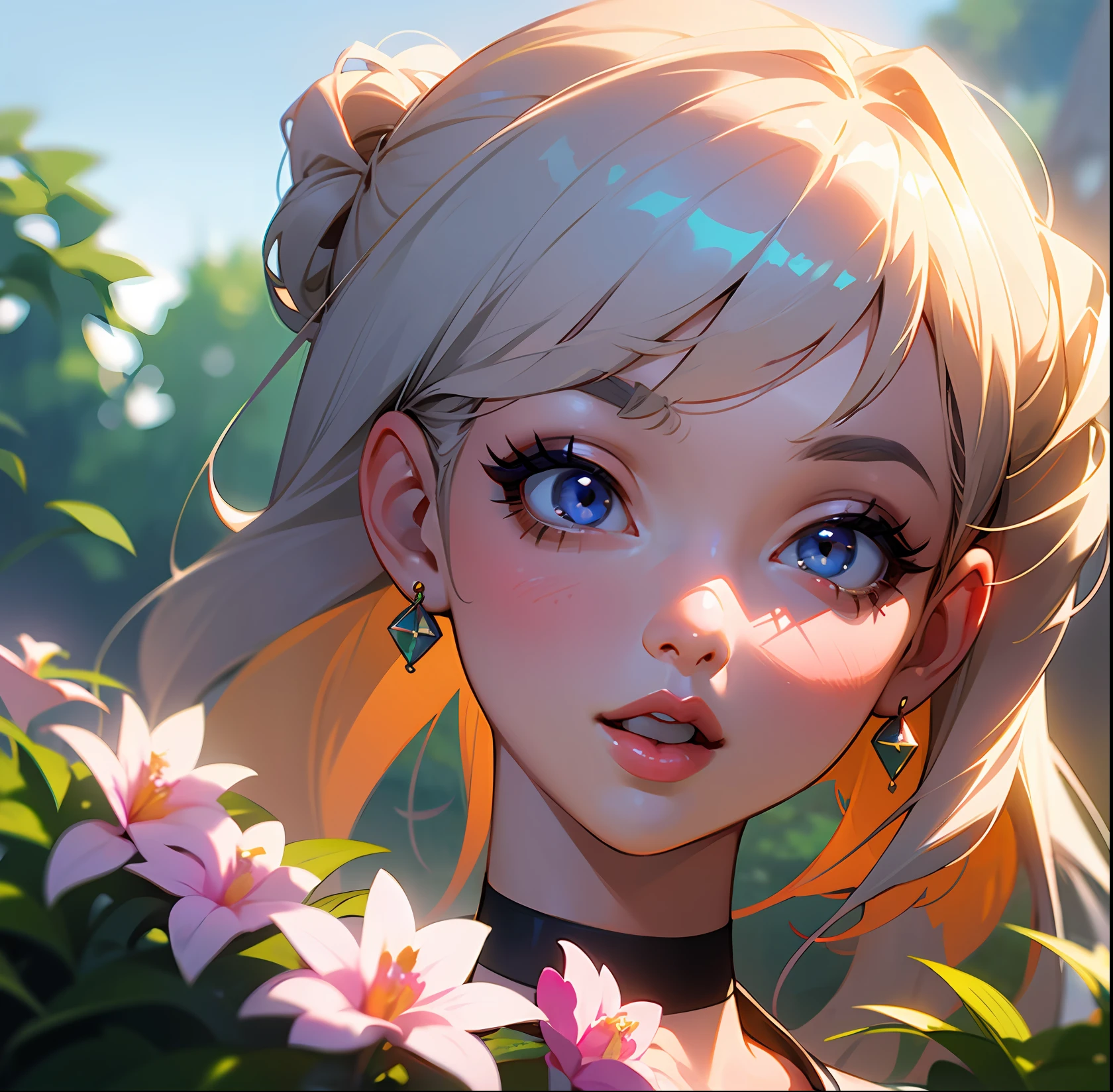 Portrait of the cutest girl,cute hairstyle ,1girl , cute round face ,(soft) , perfect feminine face , luscious lips , [slightly open mouth] , angled shot,dynamic shot , back lighting , outdoors , scenary , a garden with many colorful flowers , (long eyelashes) , accessories, choker , earrings , pink luscious lips