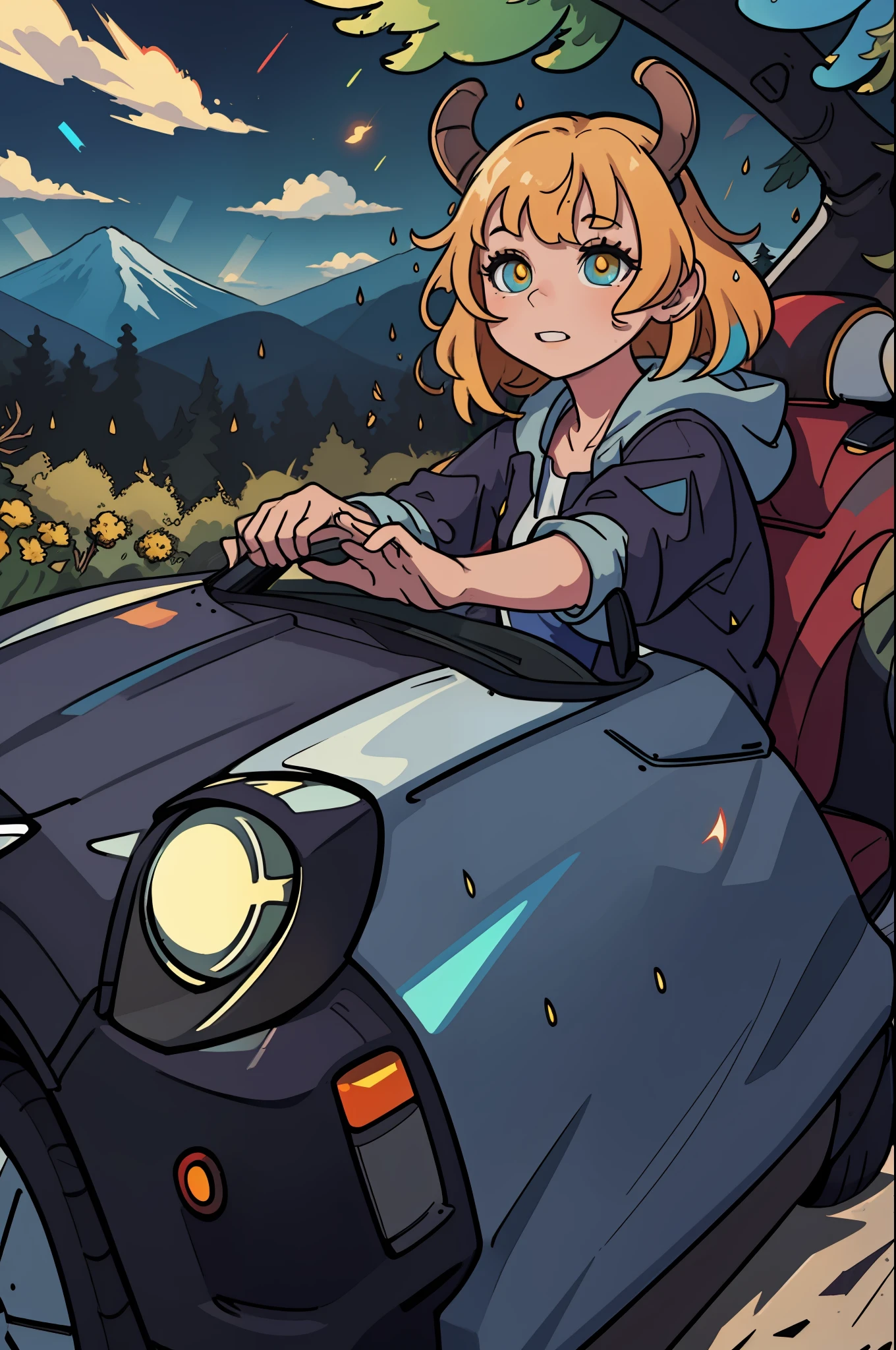 Masterpeace, BestQuality, Car, Forest, Mountains, Wet Road, Auto, Auto, Bright Colors, Volumetric Lighting, Best Shadows, Shallow Depth of Field, (High Quality, Stunning Details: 1.25), Brilliant Colorful Paintings, Whimsical, Magical, Flicker, Highlights, Neon Garland, Details, 8k