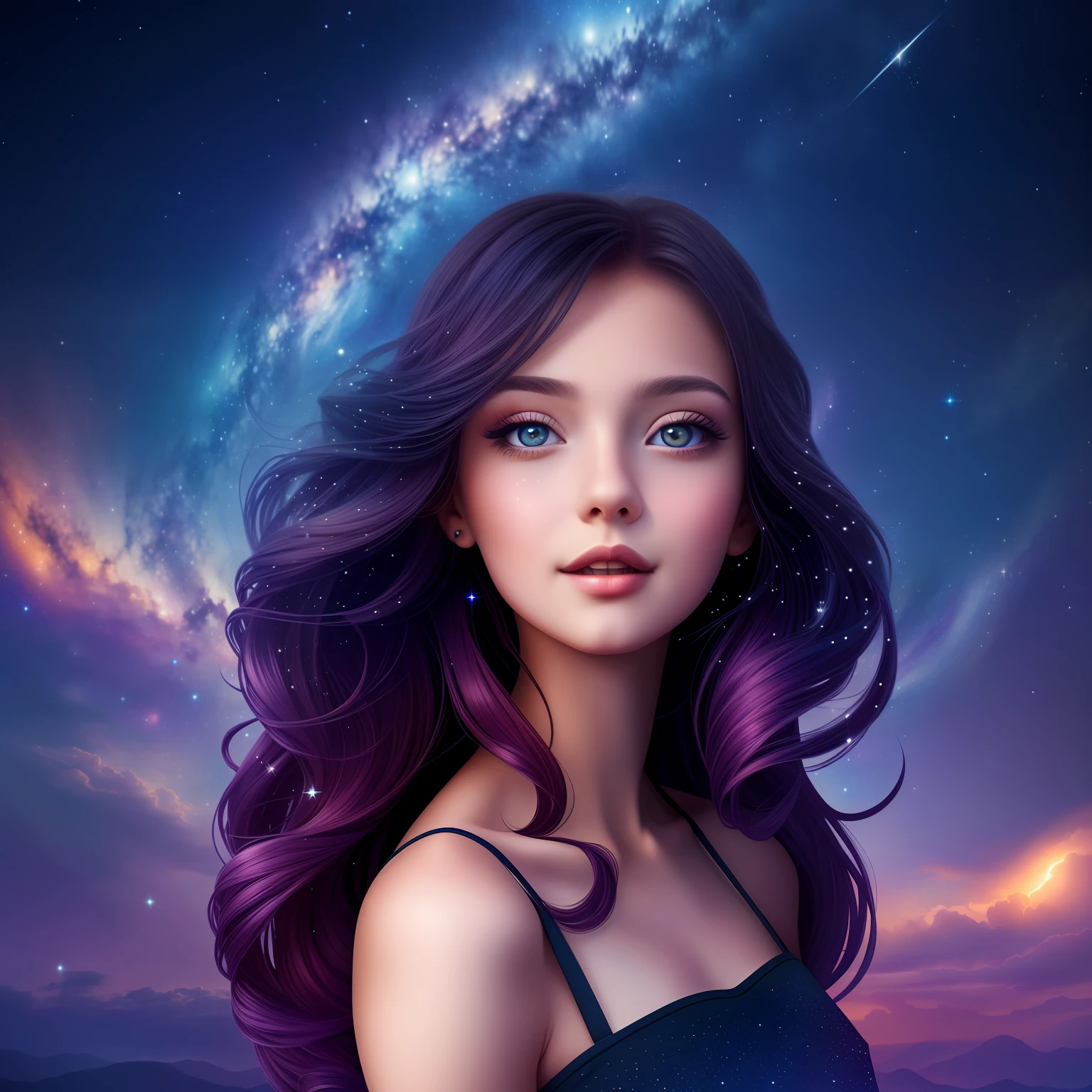 half portrait, best quality, masterpiece, ultra high res, (realistic photo: 2.5), surrealism, dreamlike,
1 girl smiling, wavy black long hair, bright blue eyes, starry sky, night, stars, galaxy, flowers --auto
